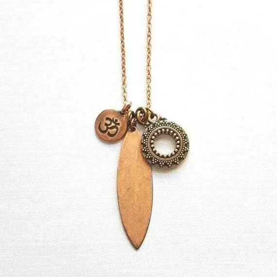 Long Copper Necklace - om mantra mindfulness symbol & vibration body harmony mandala, 30 inch antique copper chain, spiritual yoga jewelry