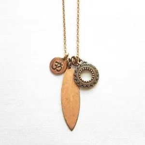 Long Copper Necklace - om mantra mindfulness symbol & vibration body harmony mandala, 30 inch antique copper chain, spiritual yoga jewelry