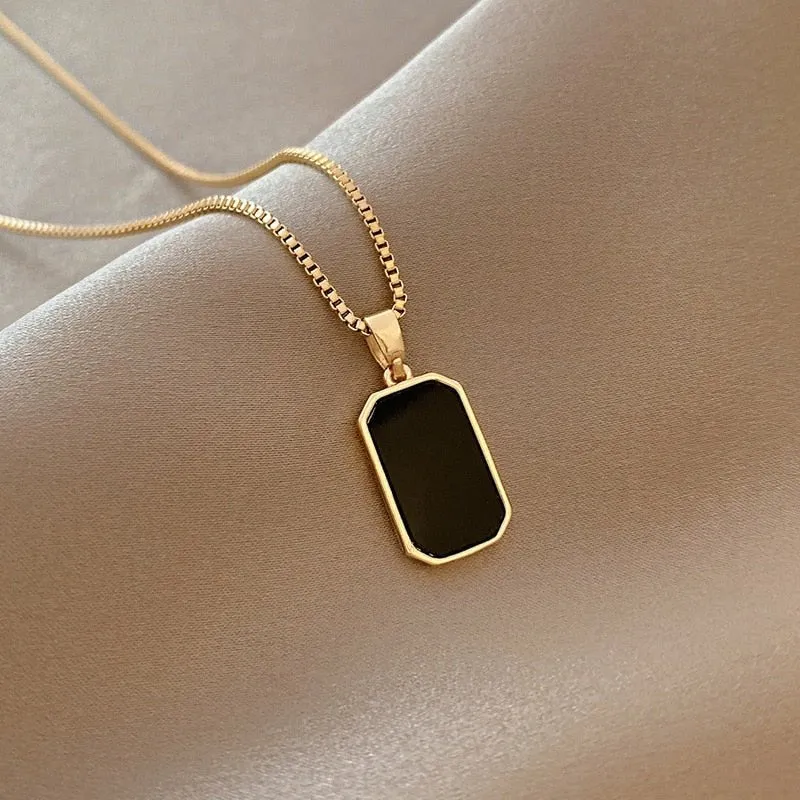 Long Rectangular Black Zircon Pendant Necklace Women Gold Jewelry Gift