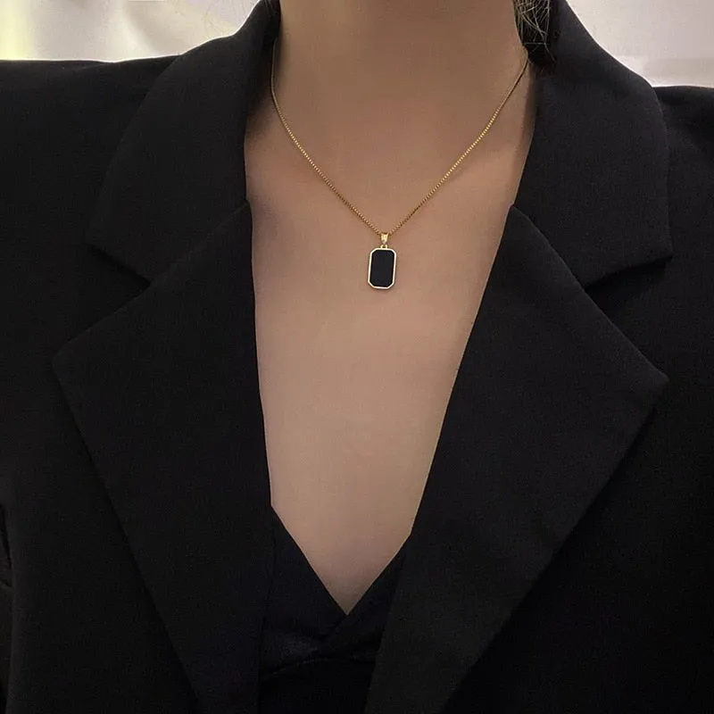 Long Rectangular Black Zircon Pendant Necklace Women Gold Jewelry Gift