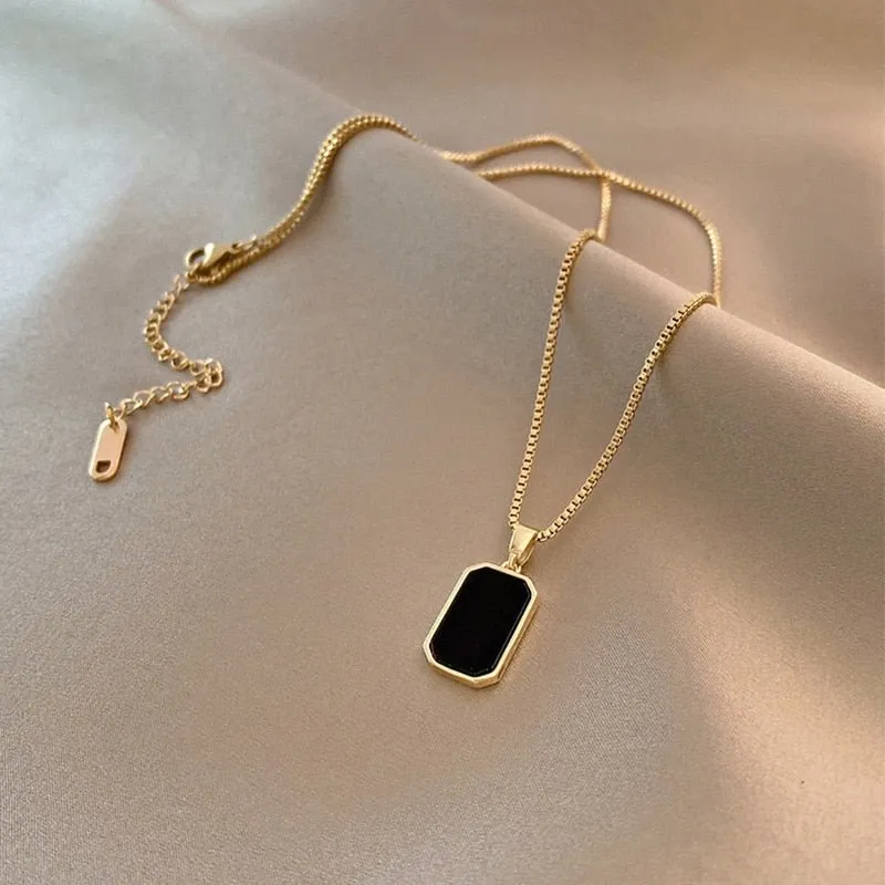Long Rectangular Black Zircon Pendant Necklace Women Gold Jewelry Gift