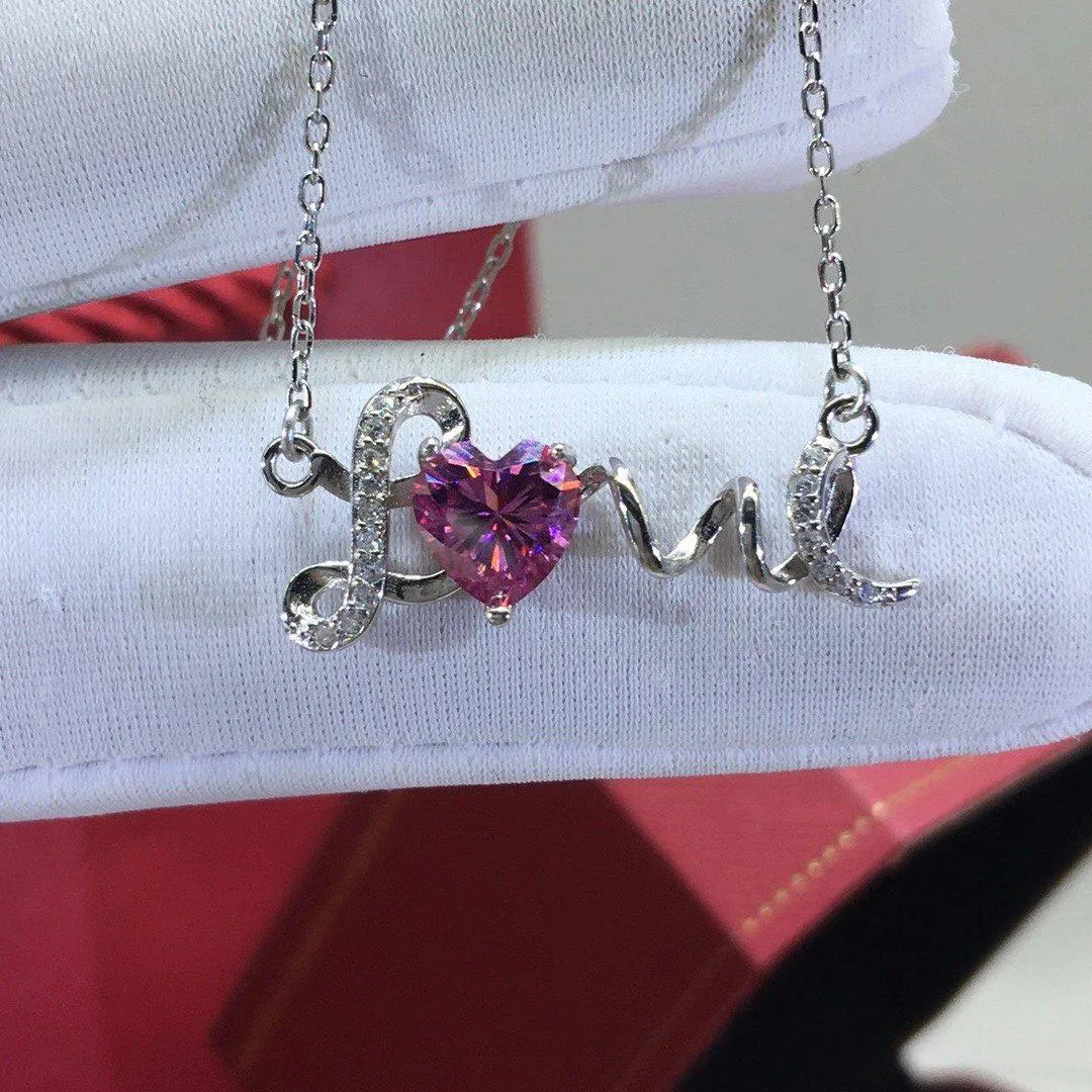 LOVE Pink Moissanite Necklace 18k White Gold / 925 Silver | Heart Cut Pink Moissanite Gemstone Necklace | Cute Elegant Moissanite Necklace