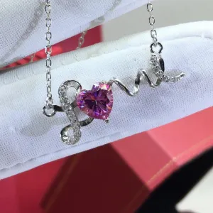 LOVE Pink Moissanite Necklace 18k White Gold / 925 Silver | Heart Cut Pink Moissanite Gemstone Necklace | Cute Elegant Moissanite Necklace