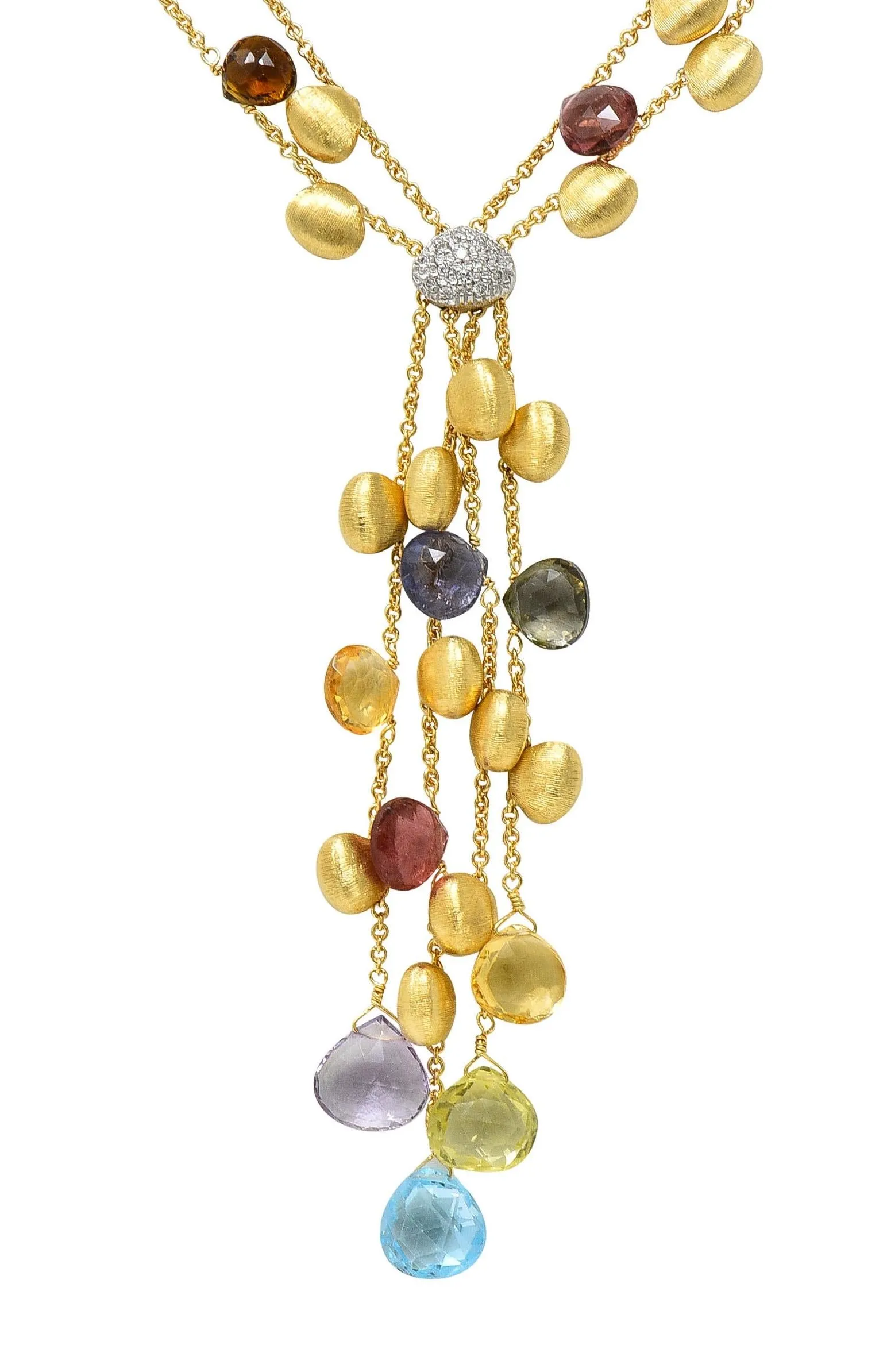 Marco Bicego Contemporary Multi-Gem Diamond 18 Karat Two-Tone Gold Paradise Lariat Tassel Necklace