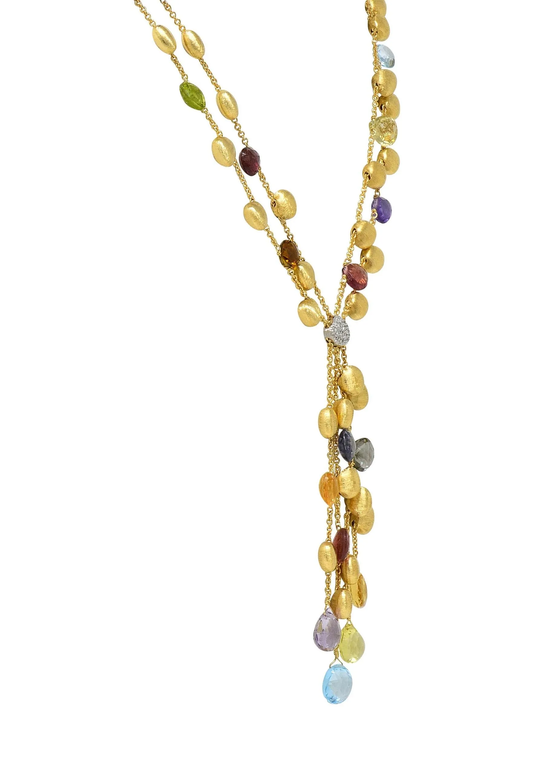 Marco Bicego Contemporary Multi-Gem Diamond 18 Karat Two-Tone Gold Paradise Lariat Tassel Necklace
