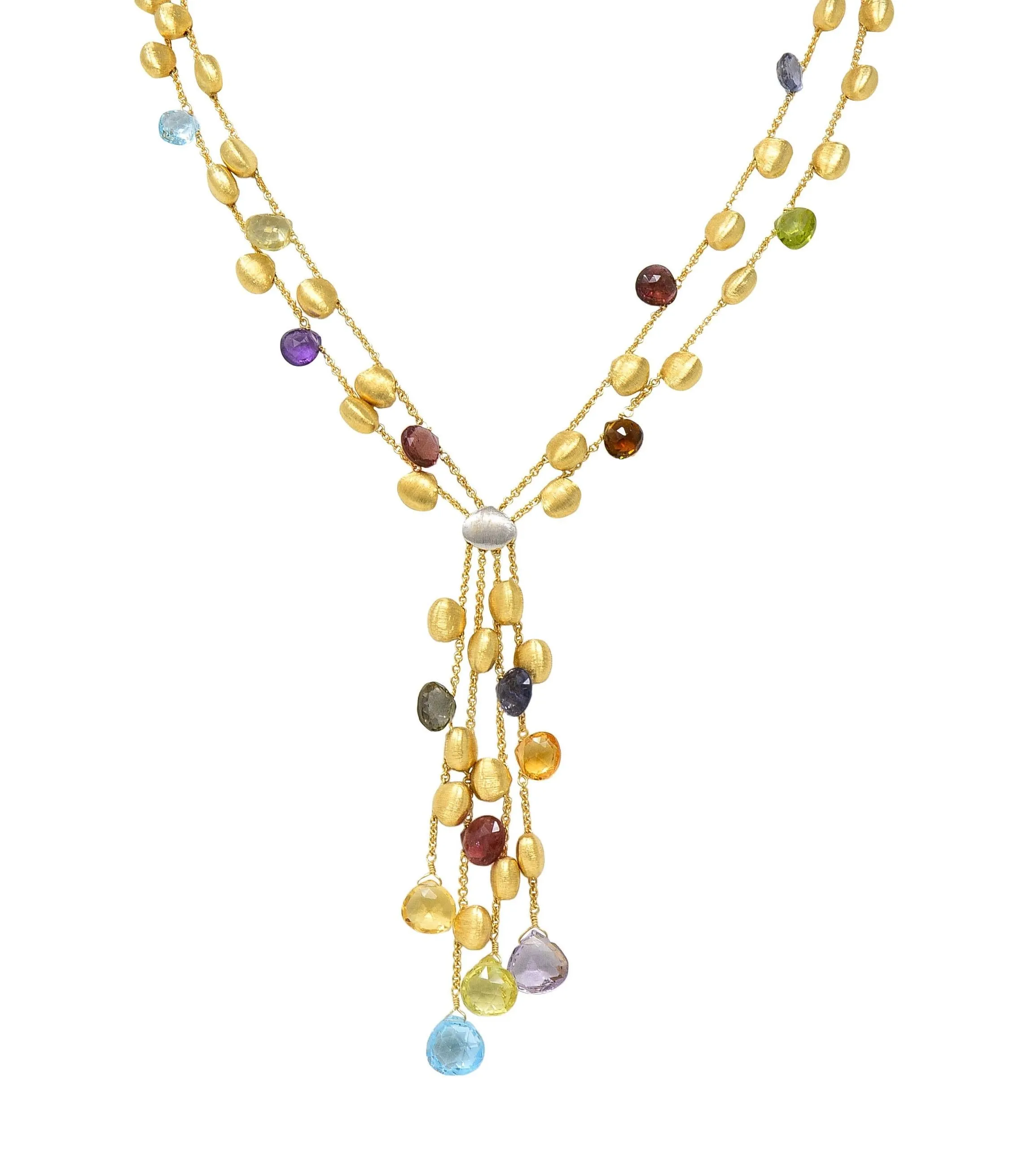 Marco Bicego Contemporary Multi-Gem Diamond 18 Karat Two-Tone Gold Paradise Lariat Tassel Necklace