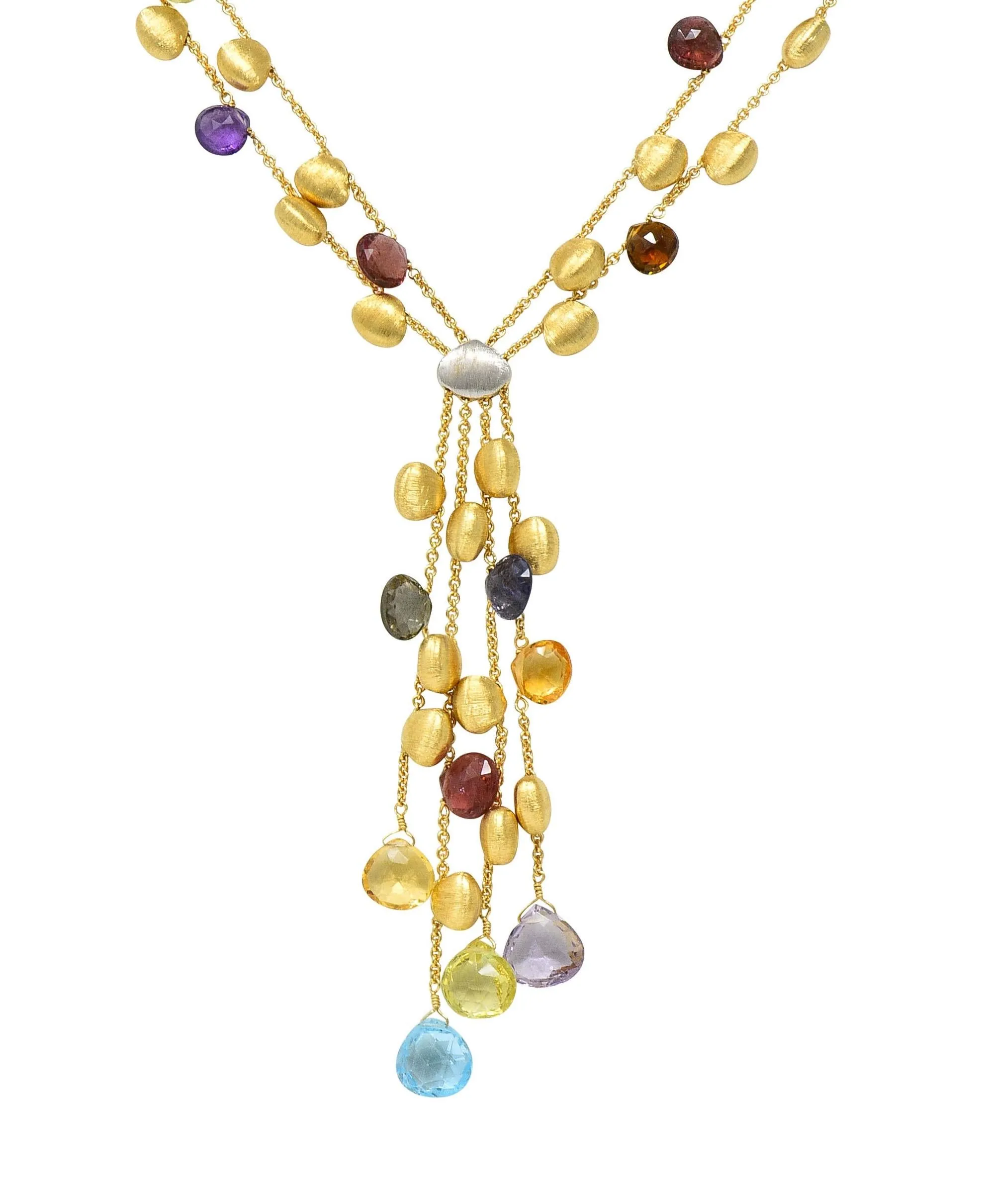 Marco Bicego Contemporary Multi-Gem Diamond 18 Karat Two-Tone Gold Paradise Lariat Tassel Necklace