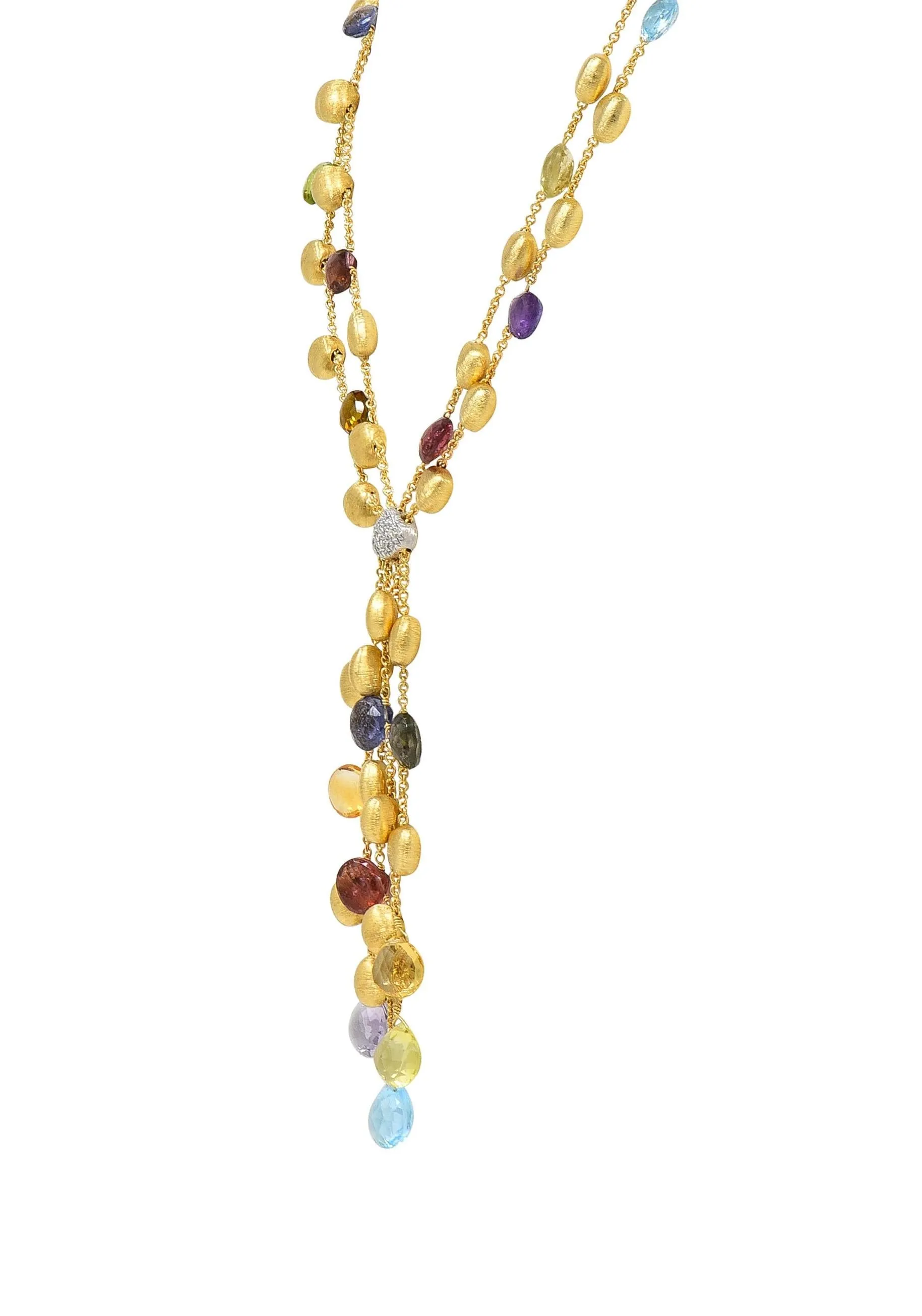 Marco Bicego Contemporary Multi-Gem Diamond 18 Karat Two-Tone Gold Paradise Lariat Tassel Necklace