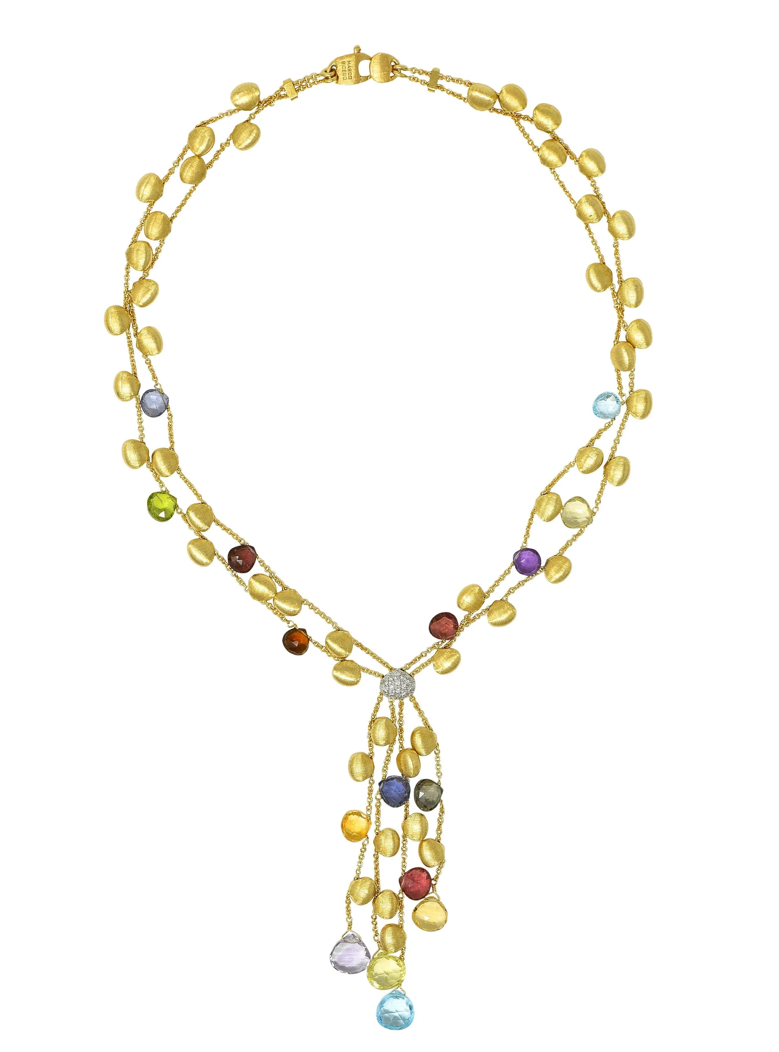 Marco Bicego Contemporary Multi-Gem Diamond 18 Karat Two-Tone Gold Paradise Lariat Tassel Necklace