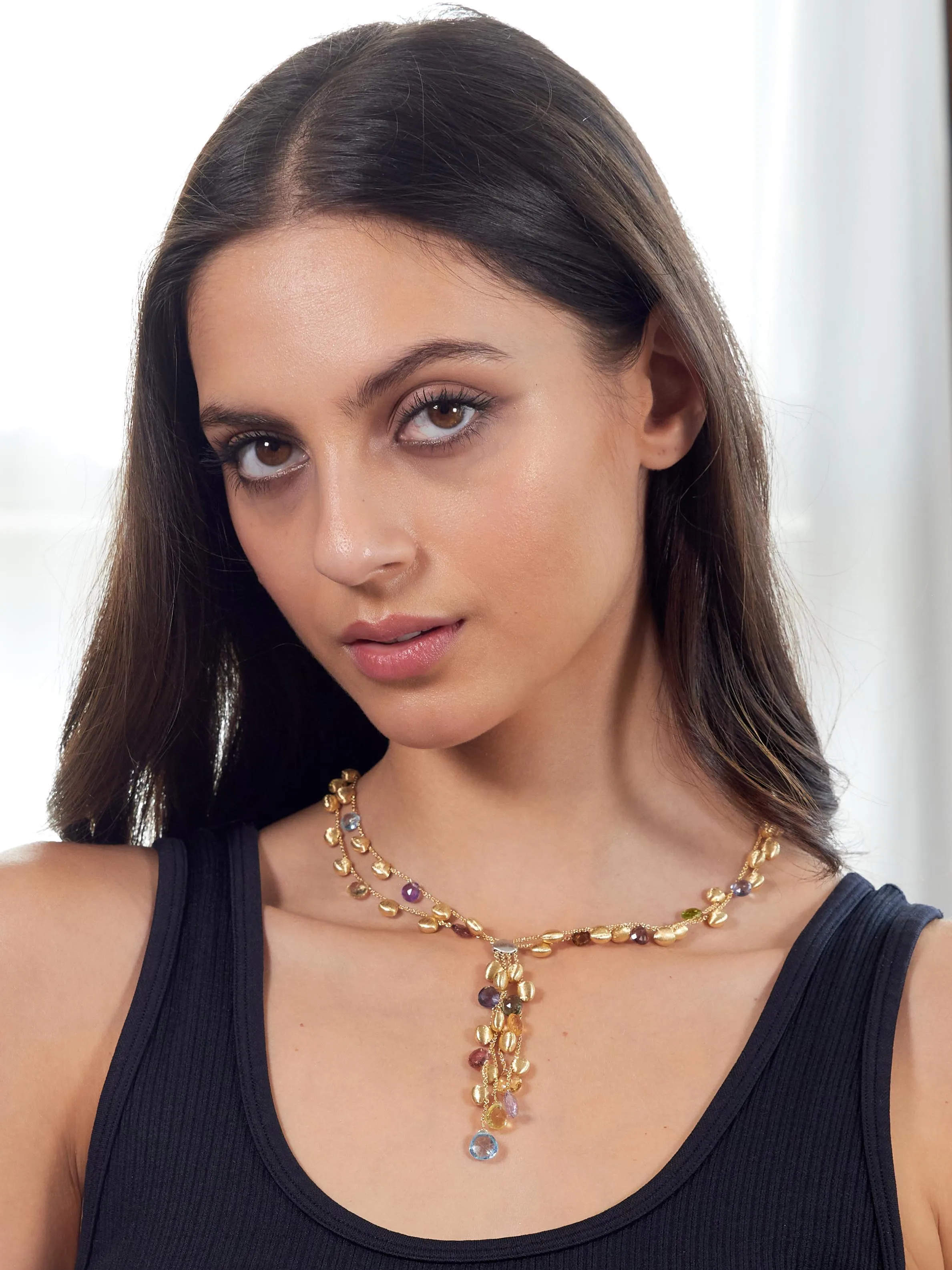 Marco Bicego Contemporary Multi-Gem Diamond 18 Karat Two-Tone Gold Paradise Lariat Tassel Necklace