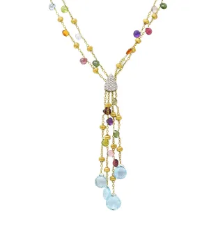 Marco Bicego Contemporary Multi-Gem Diamond 18 Karat Two-Tone Gold Paradise Lariate Tassel Necklace
