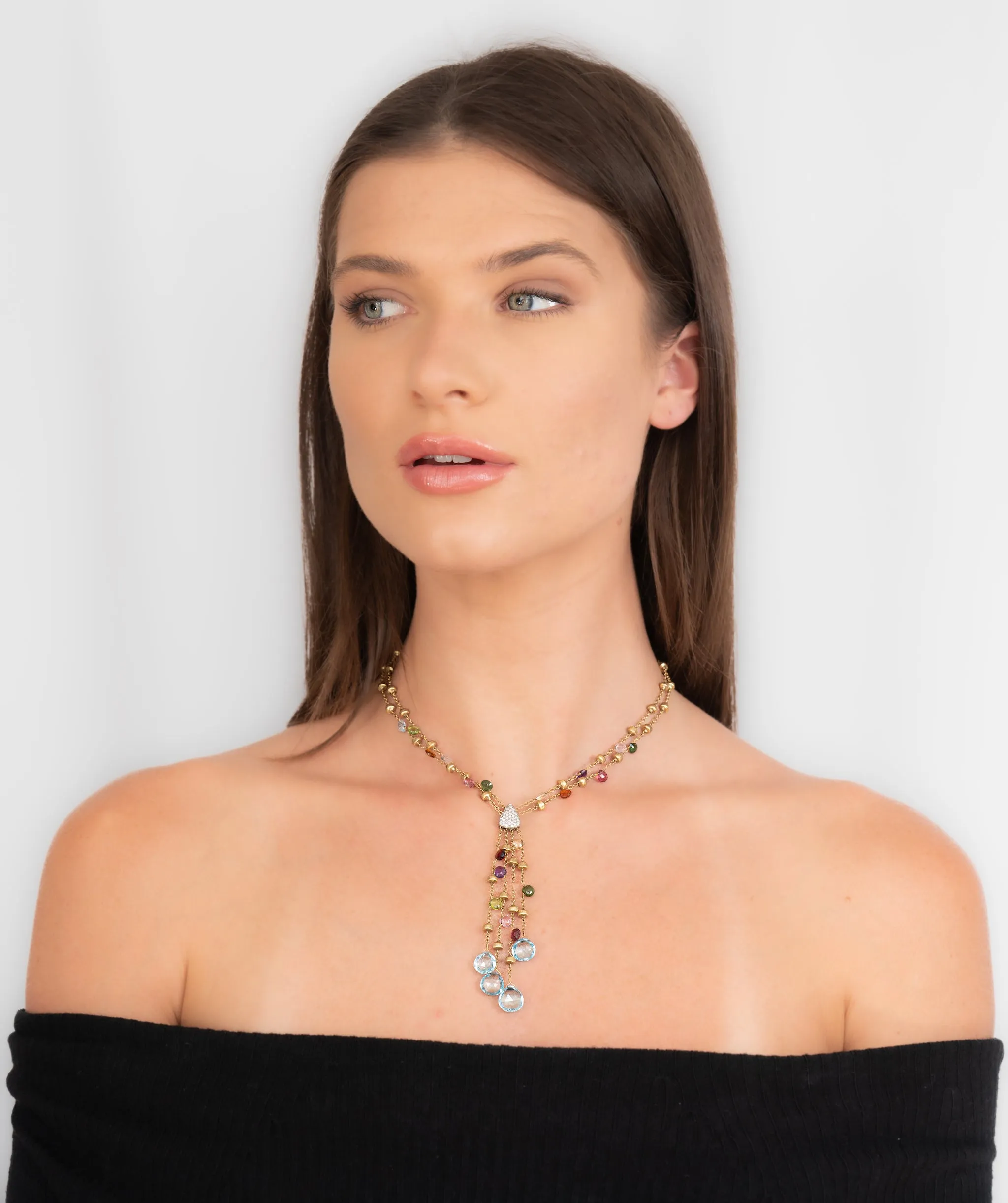 Marco Bicego Contemporary Multi-Gem Diamond 18 Karat Two-Tone Gold Paradise Lariate Tassel Necklace