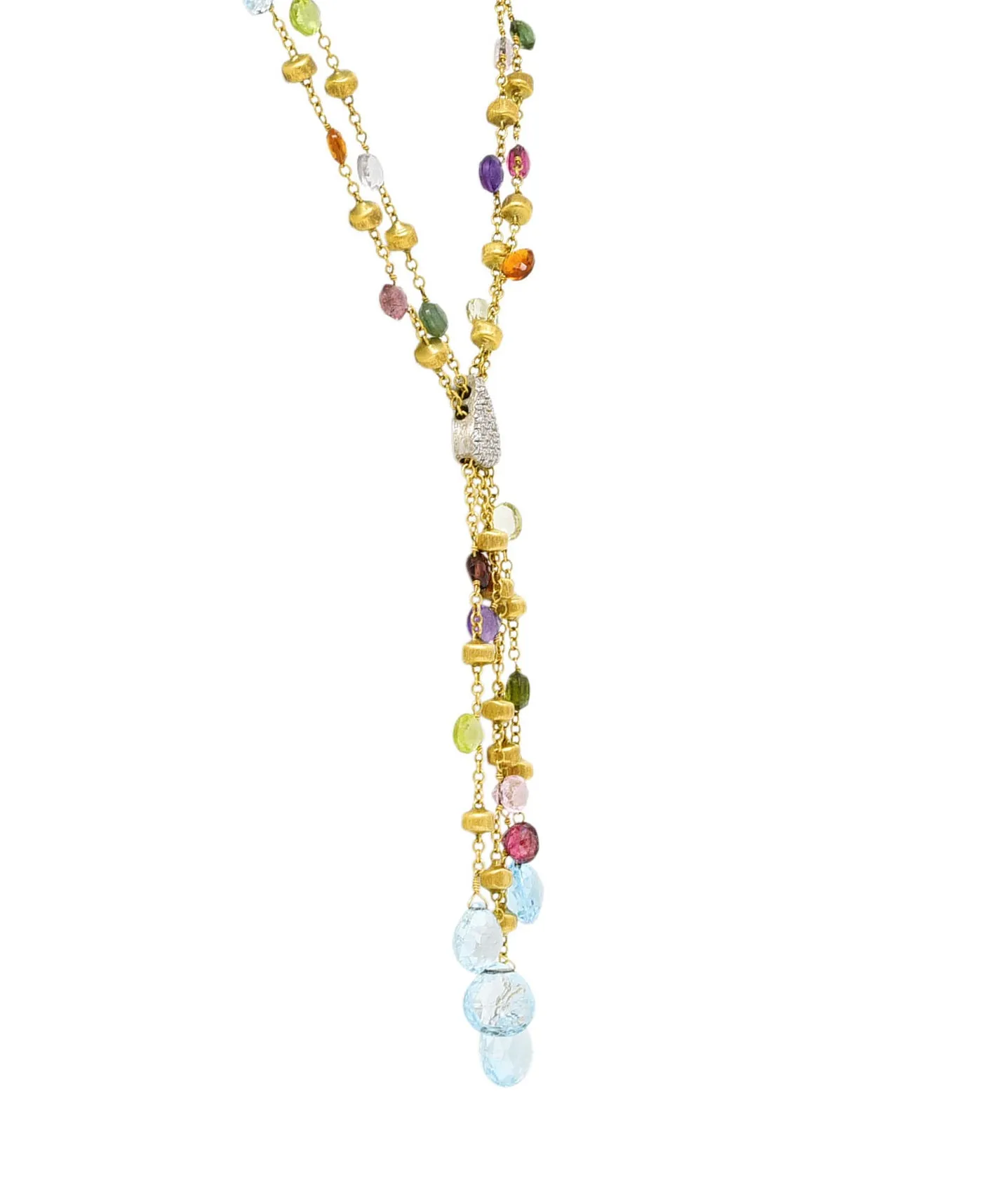Marco Bicego Contemporary Multi-Gem Diamond 18 Karat Two-Tone Gold Paradise Lariate Tassel Necklace