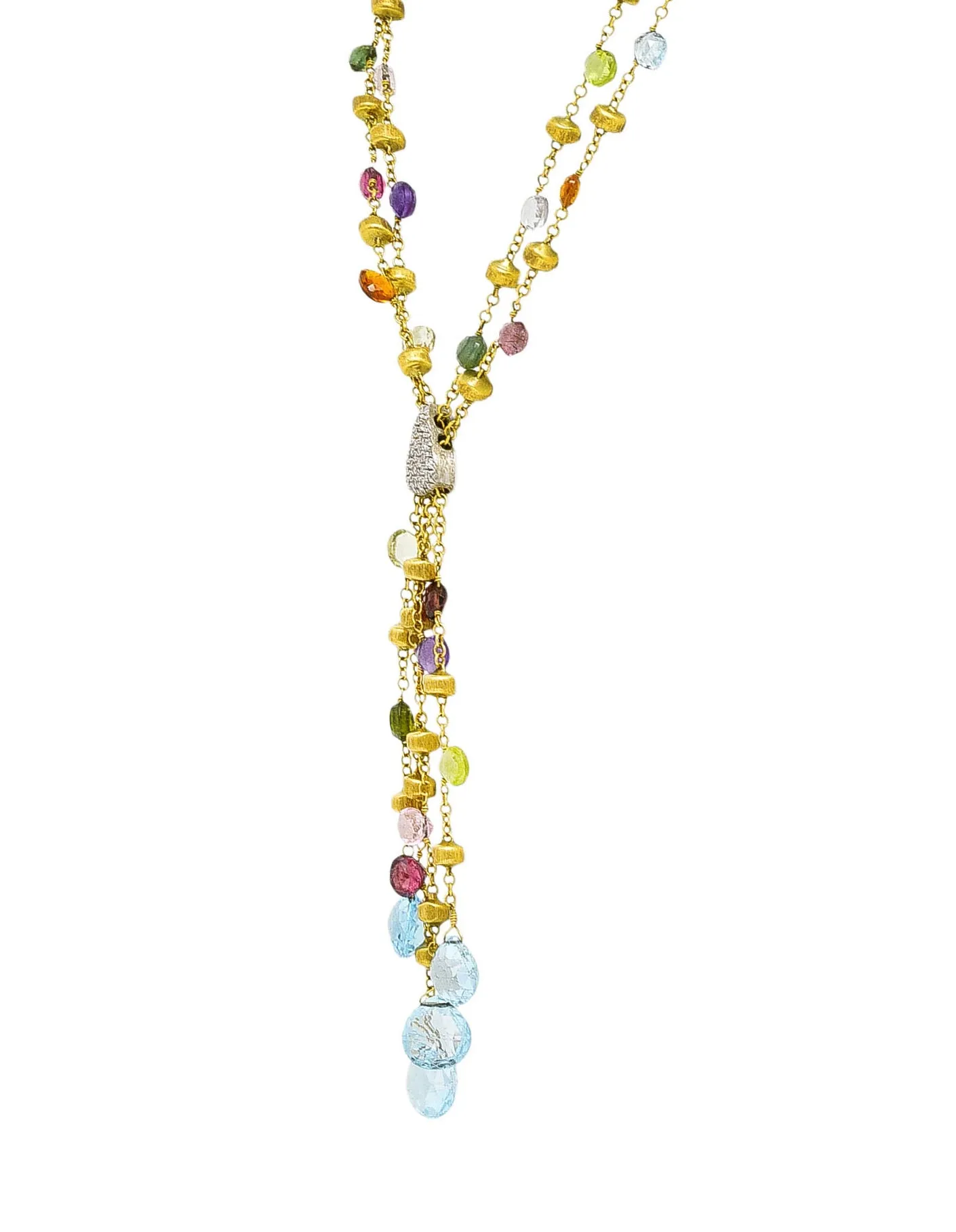 Marco Bicego Contemporary Multi-Gem Diamond 18 Karat Two-Tone Gold Paradise Lariate Tassel Necklace