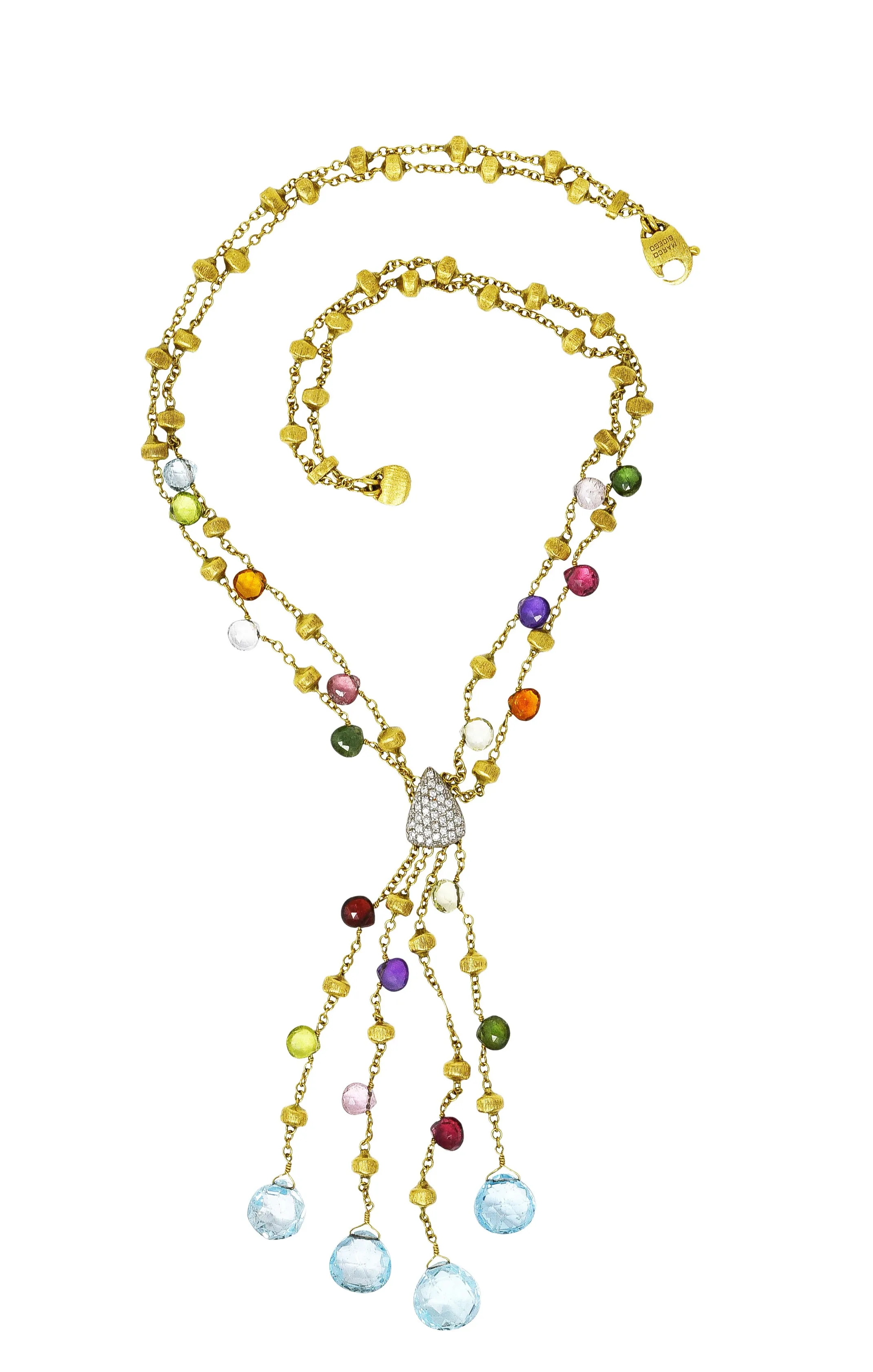 Marco Bicego Contemporary Multi-Gem Diamond 18 Karat Two-Tone Gold Paradise Lariate Tassel Necklace