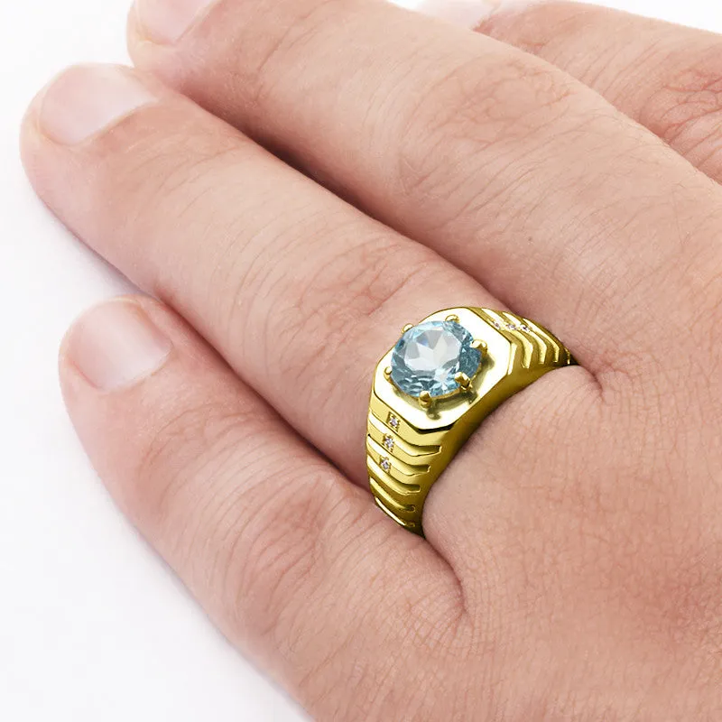 Men's Ring in 14k Yellow Gold with Topaz Gemstone and Diamonds