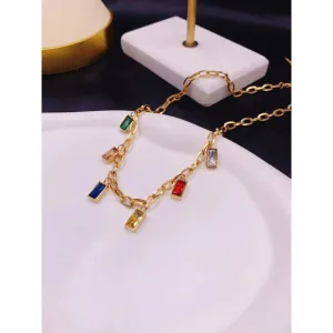 Mesmerizing Rainbow Multi Color Baguette 18K Links Stainless Steel Chain Necklace for Women