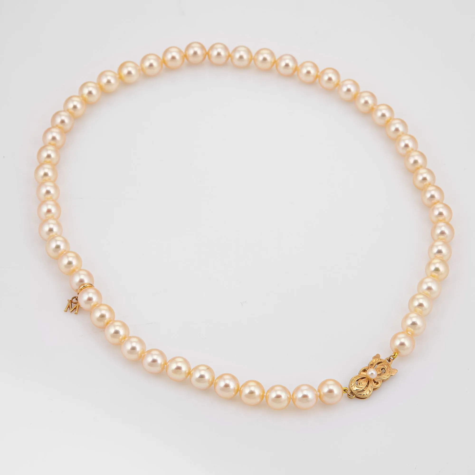 Mikimoto 8mm Golden Akoya Pearl Necklace 17" Strand Estate Fine Jewelry