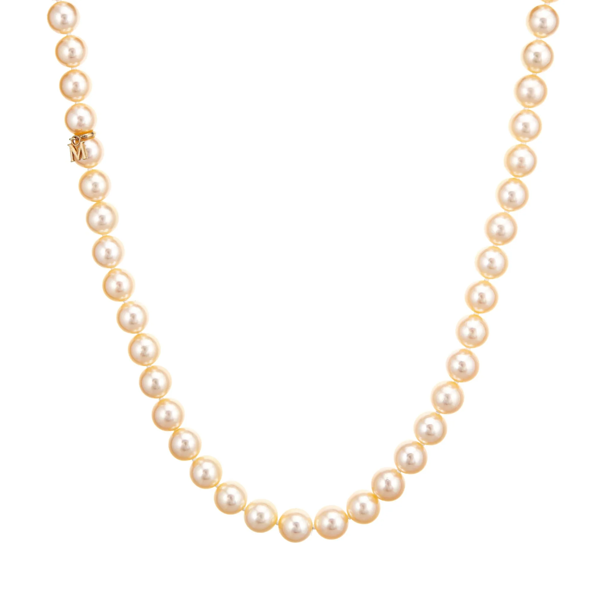 Mikimoto 8mm Golden Akoya Pearl Necklace 17" Strand Estate Fine Jewelry