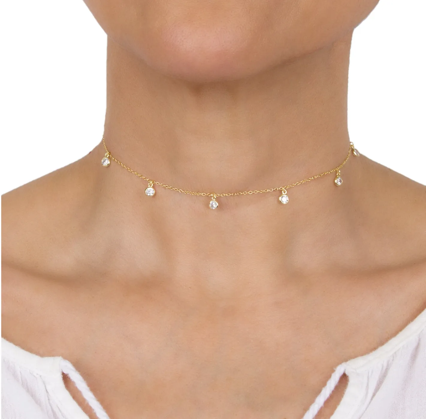 Multi Bezel CZ Drop Choker - Gold or Silver