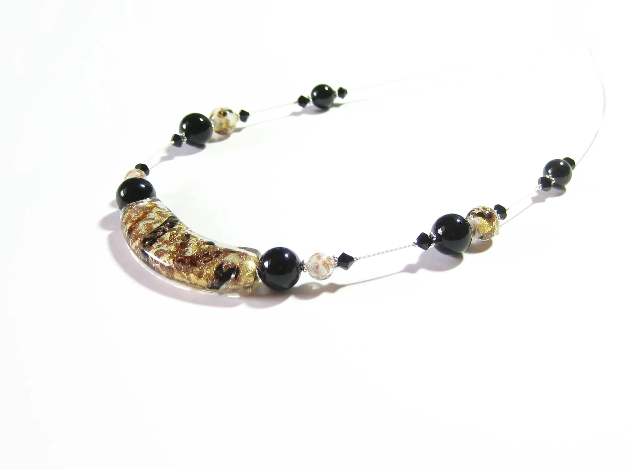 Murano Glass Black White Curved Tube Sterling Silver Necklace