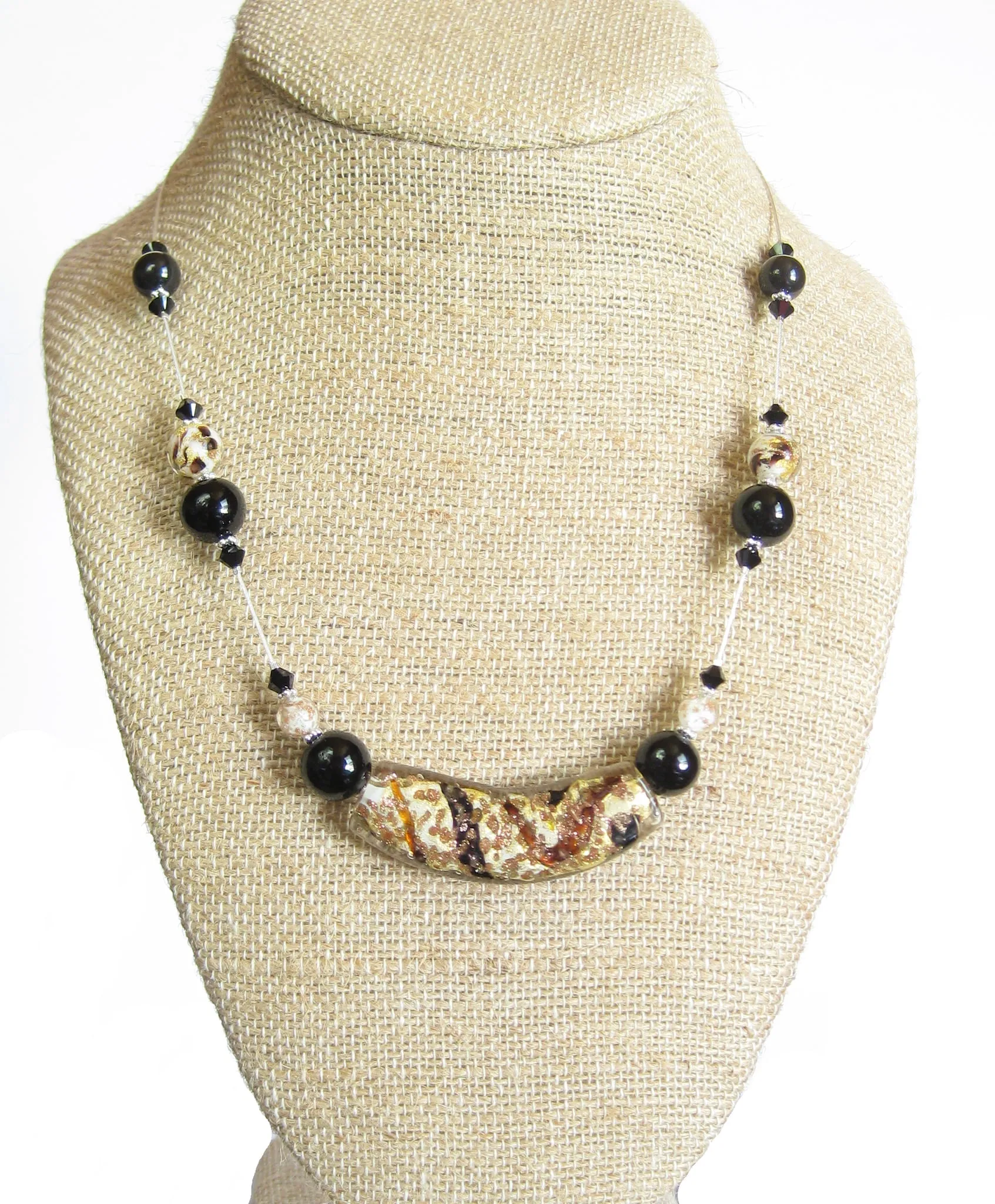Murano Glass Black White Curved Tube Sterling Silver Necklace