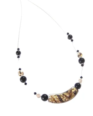 Murano Glass Black White Curved Tube Sterling Silver Necklace