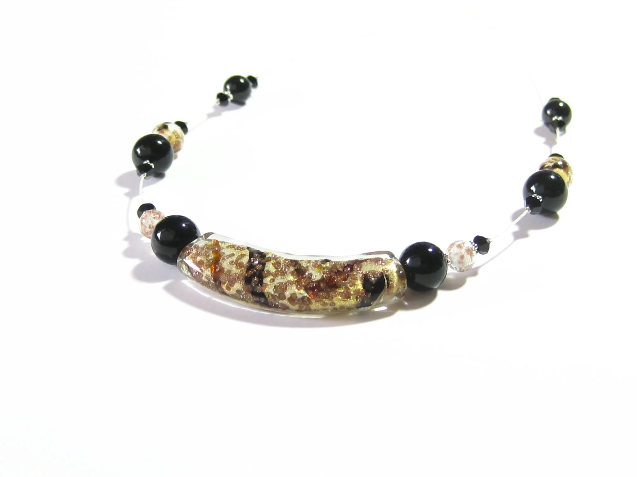 Murano Glass Black White Curved Tube Sterling Silver Necklace