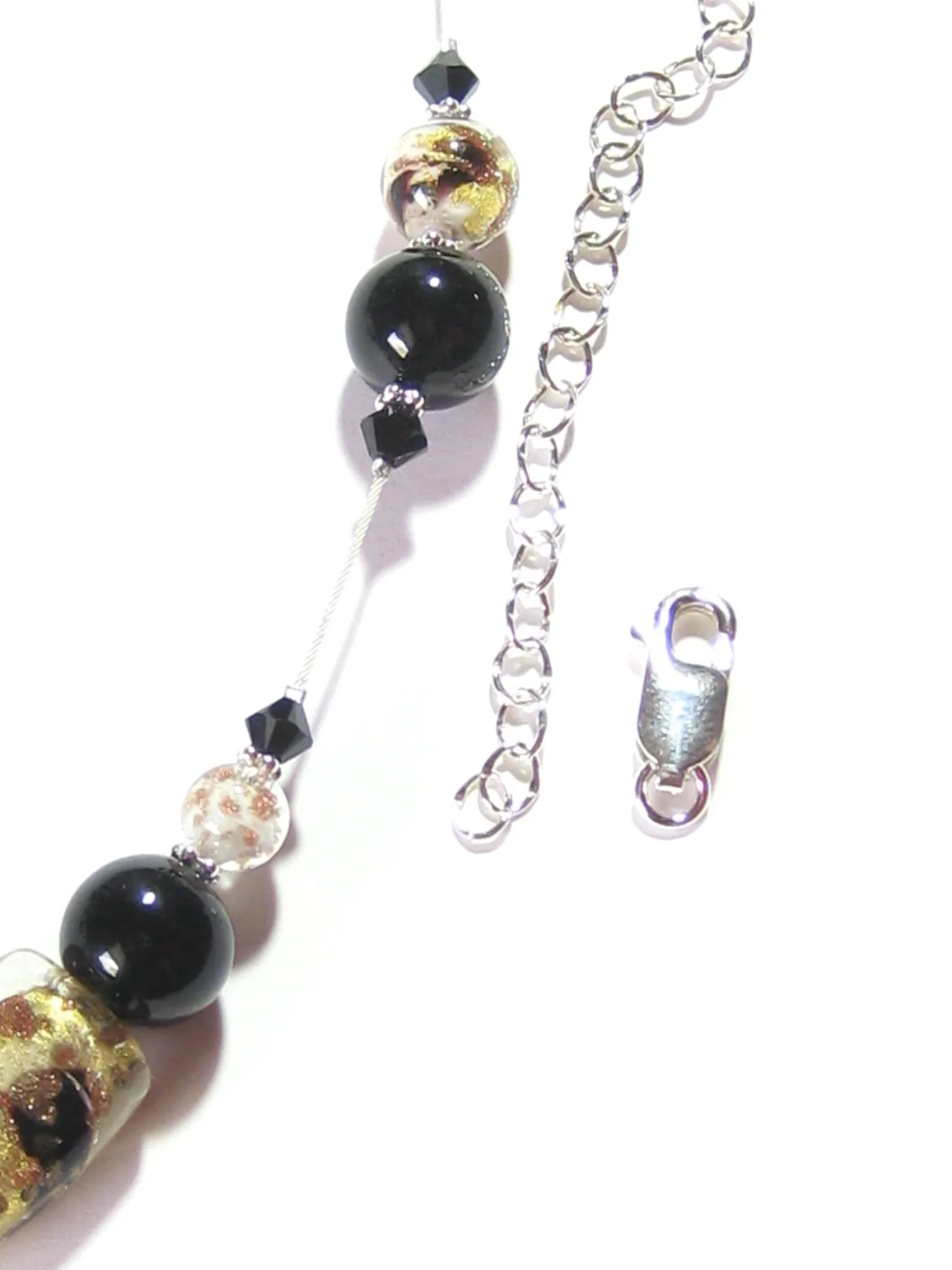 Murano Glass Black White Curved Tube Sterling Silver Necklace