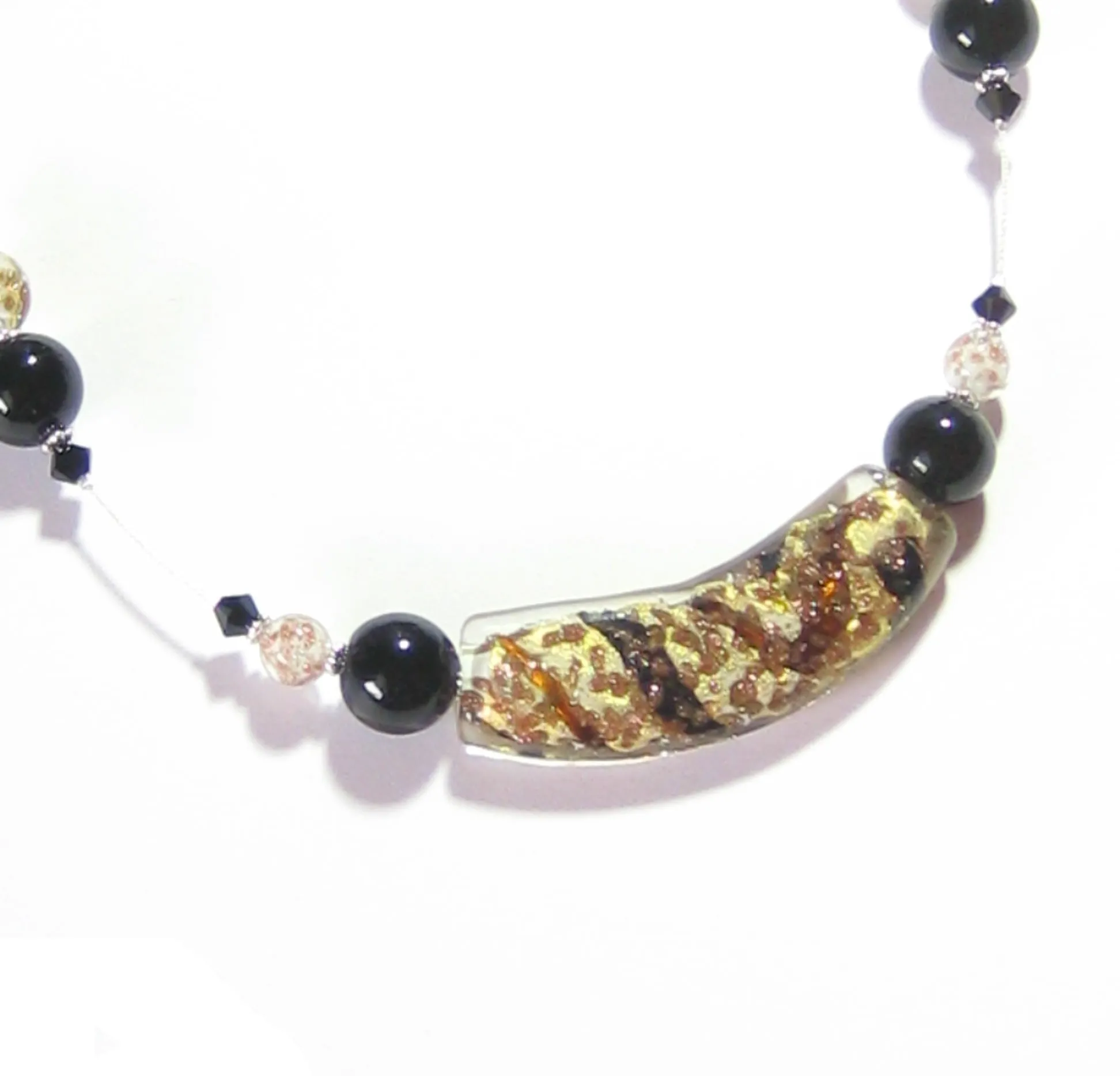Murano Glass Black White Curved Tube Sterling Silver Necklace