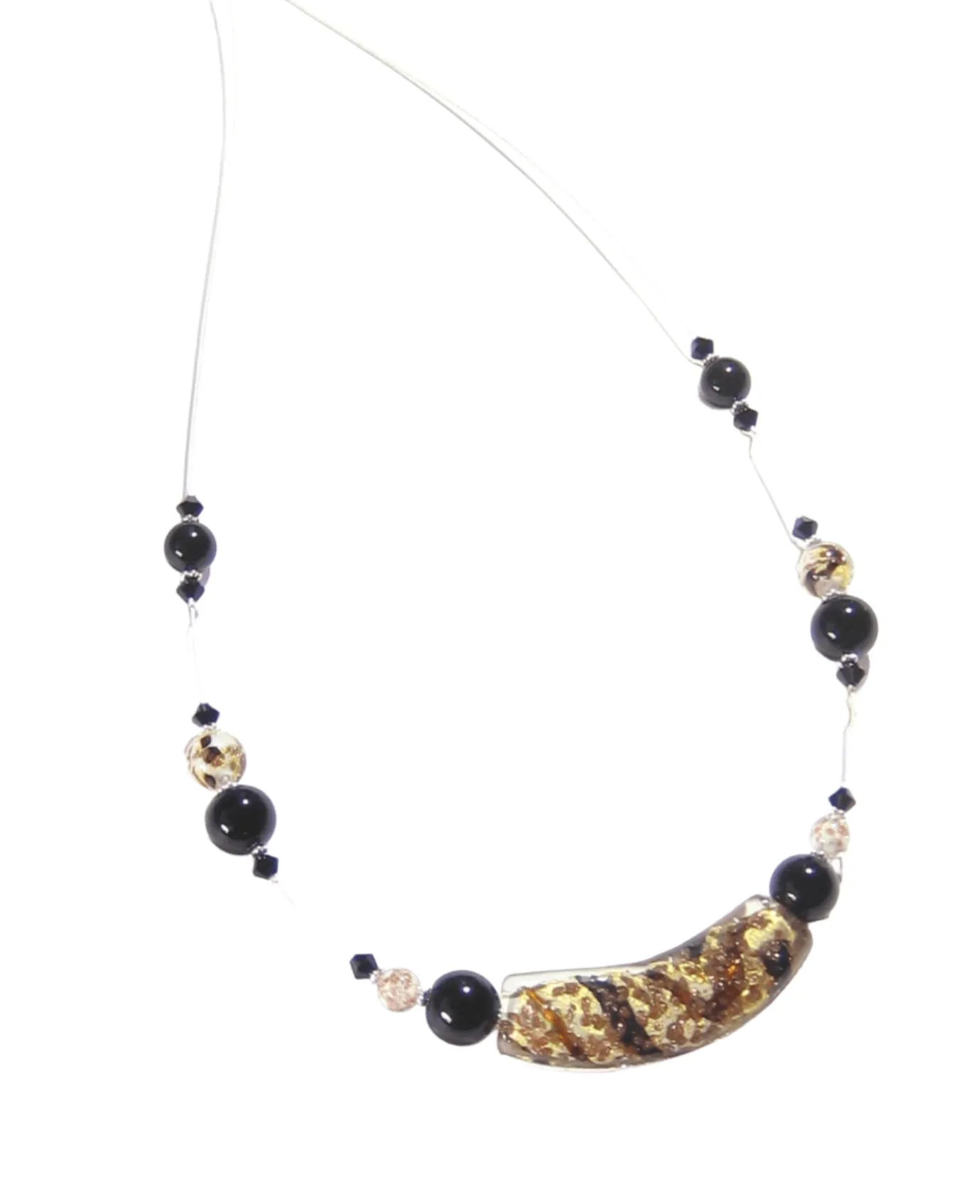 Murano Glass Black White Curved Tube Sterling Silver Necklace