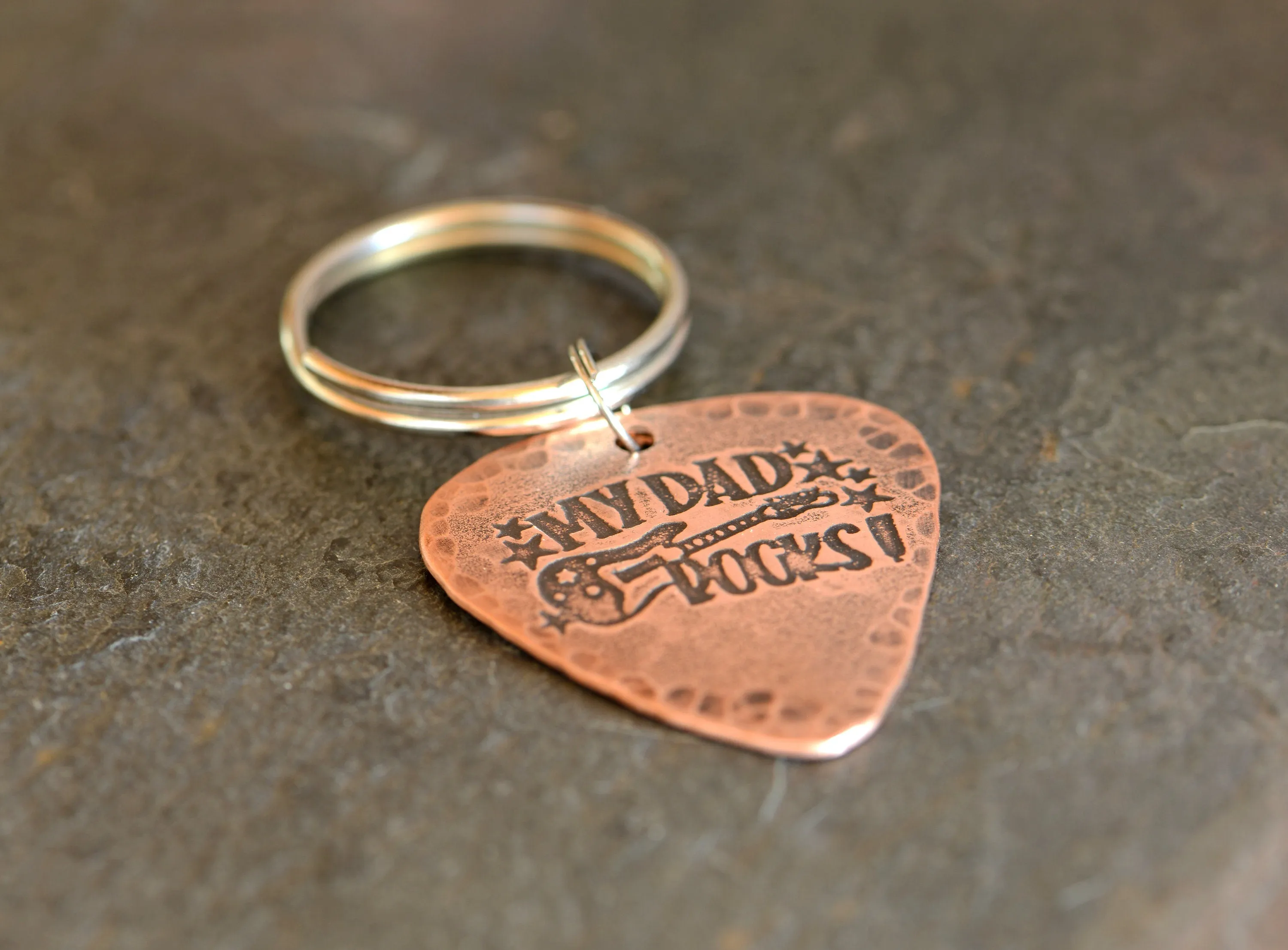 My dad rocks on guitar pick key chain in copper