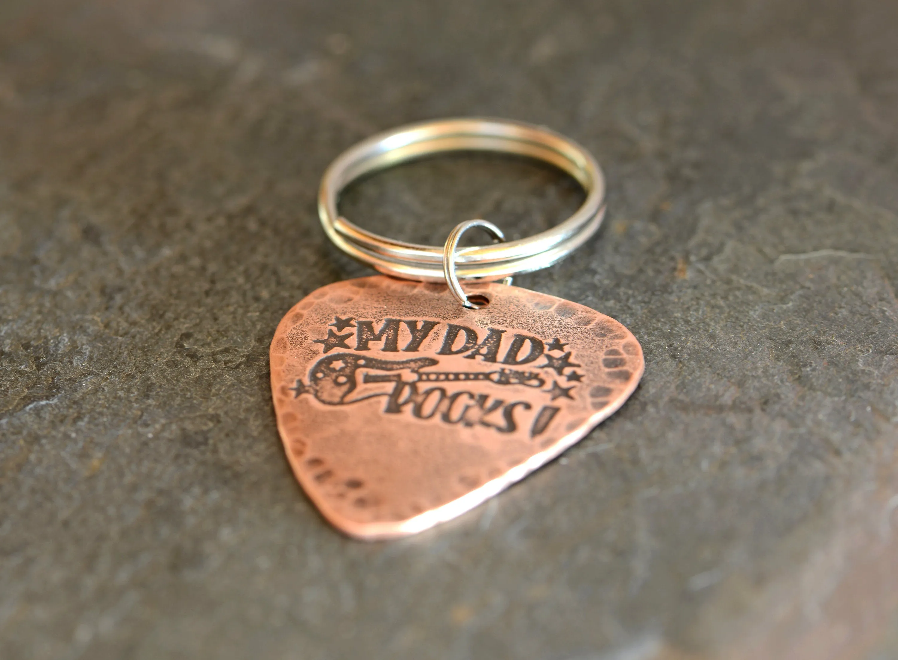 My dad rocks on guitar pick key chain in copper