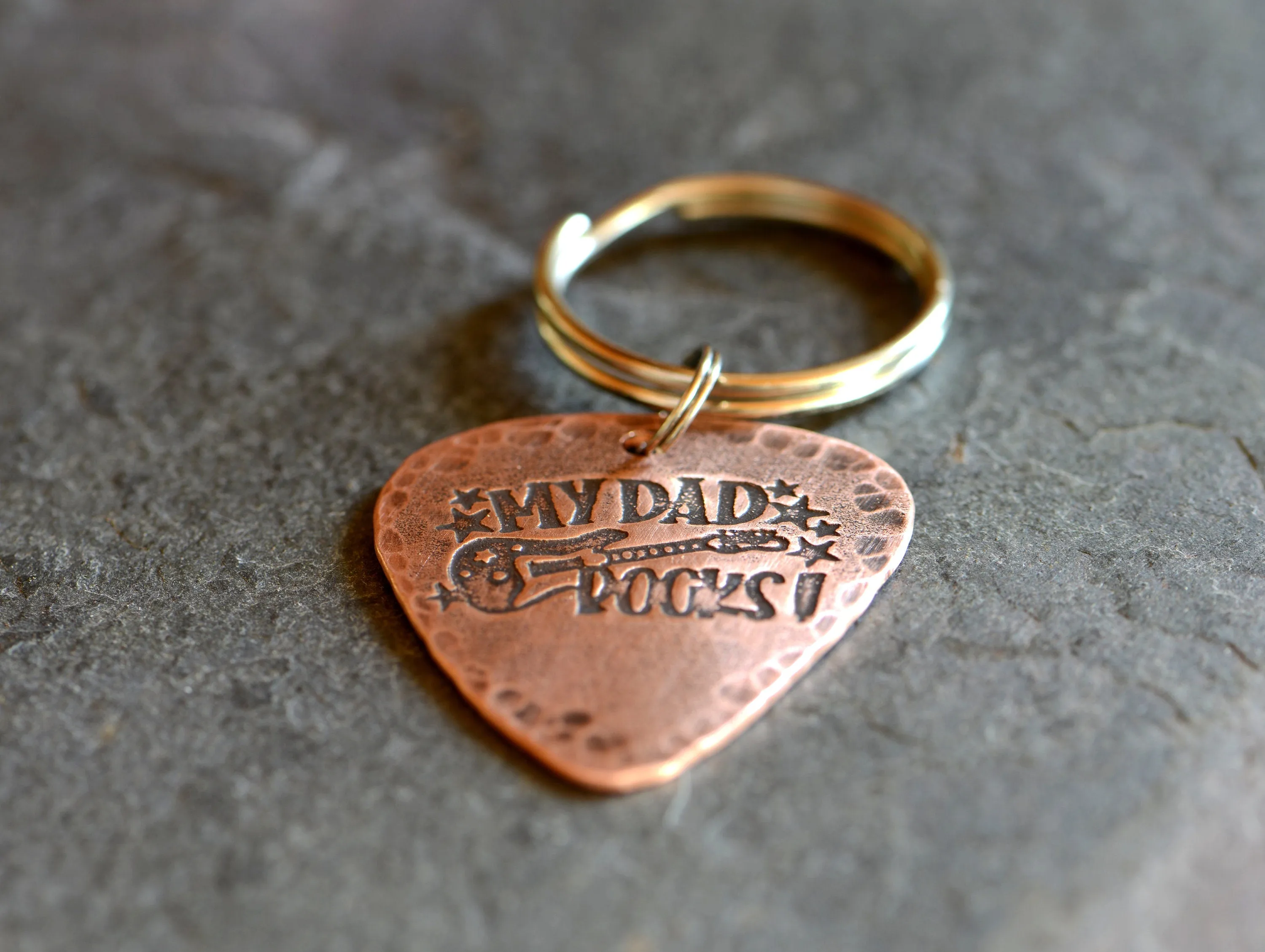 My dad rocks on guitar pick key chain in copper
