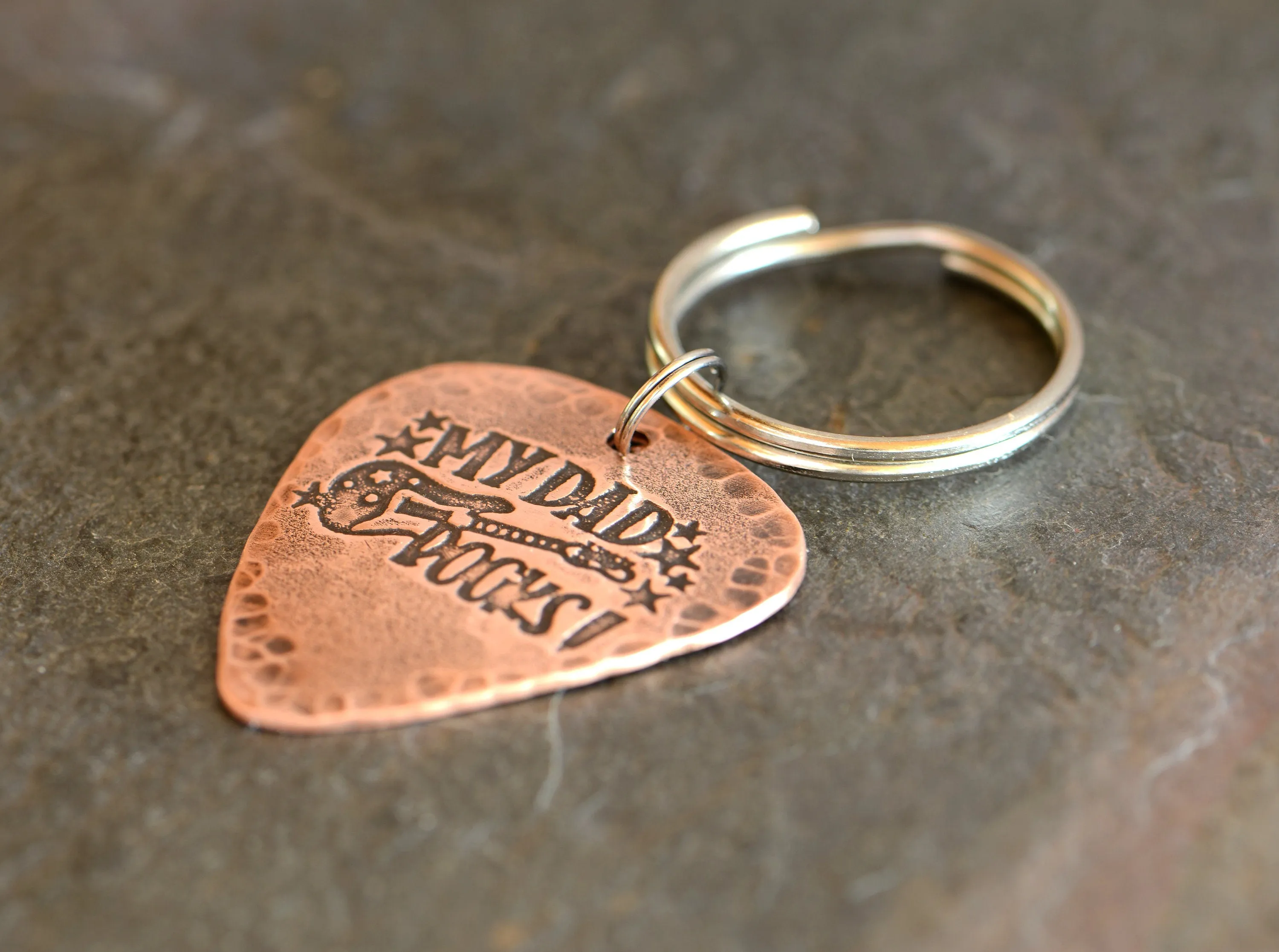 My dad rocks on guitar pick key chain in copper
