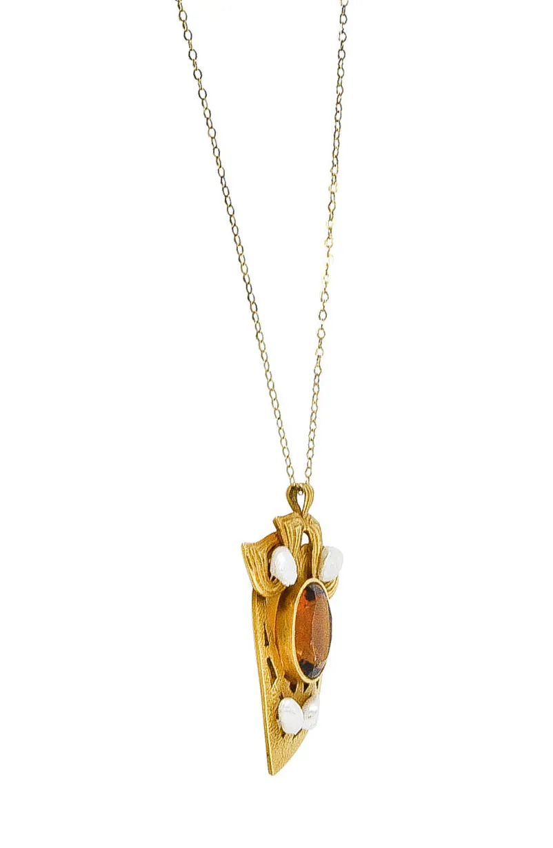 Nabstedt Art Nouveau Citrine Pearl 14 Karat Gold Pendant Necklace