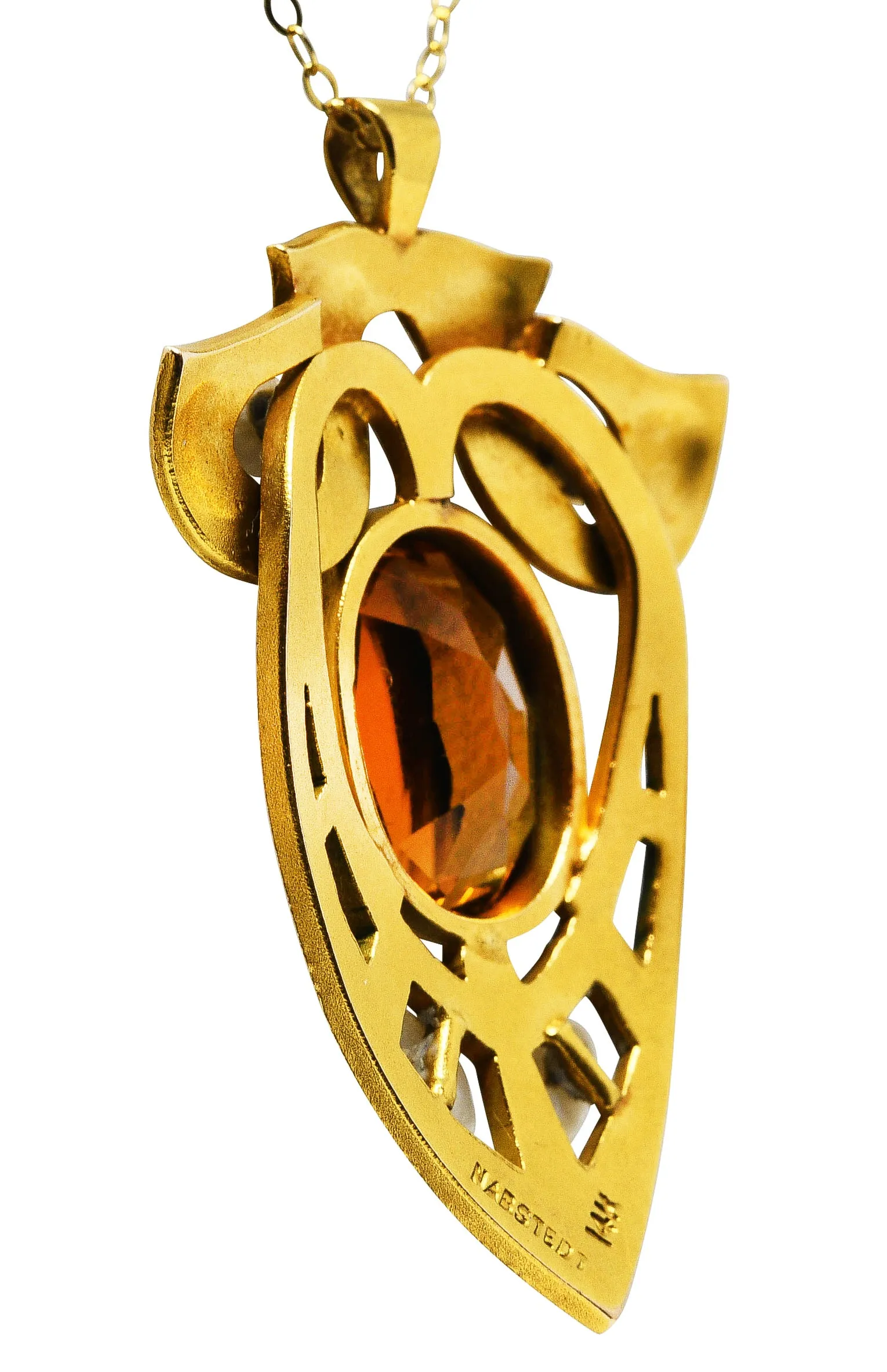 Nabstedt Art Nouveau Citrine Pearl 14 Karat Gold Pendant Necklace