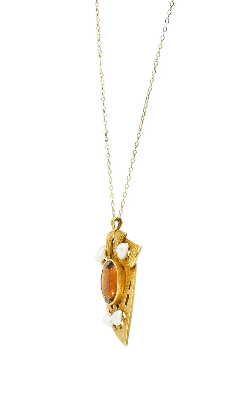 Nabstedt Art Nouveau Citrine Pearl 14 Karat Gold Pendant Necklace