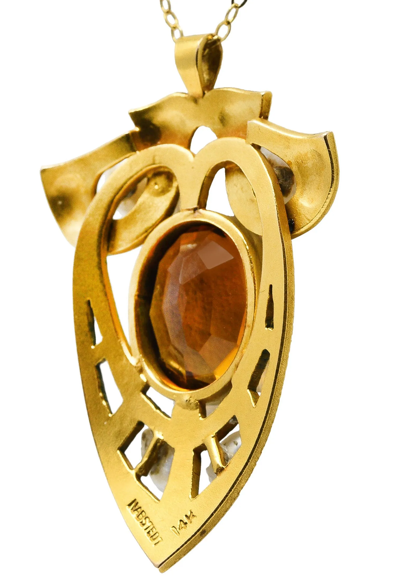 Nabstedt Art Nouveau Citrine Pearl 14 Karat Gold Pendant Necklace