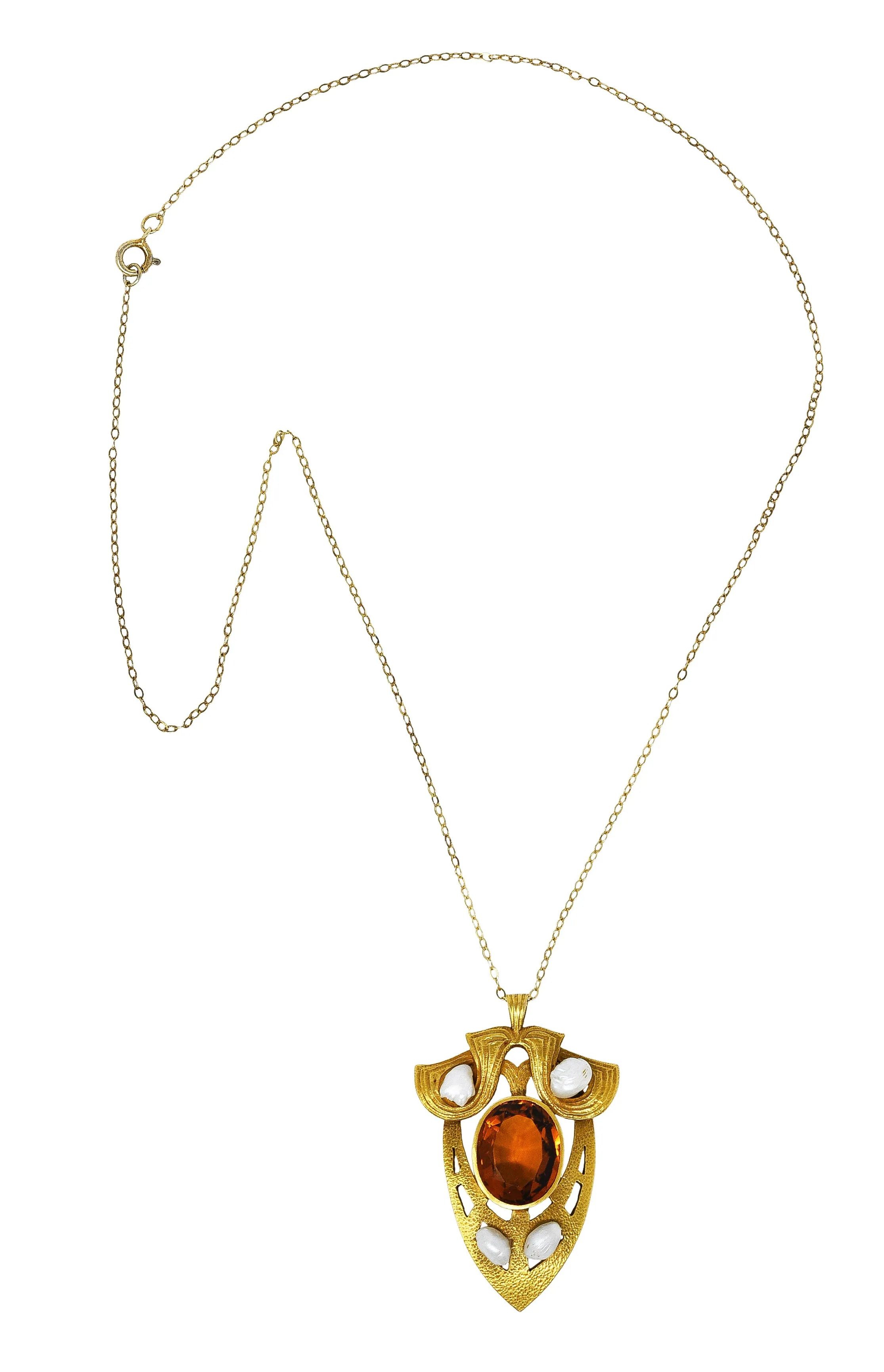 Nabstedt Art Nouveau Citrine Pearl 14 Karat Gold Pendant Necklace