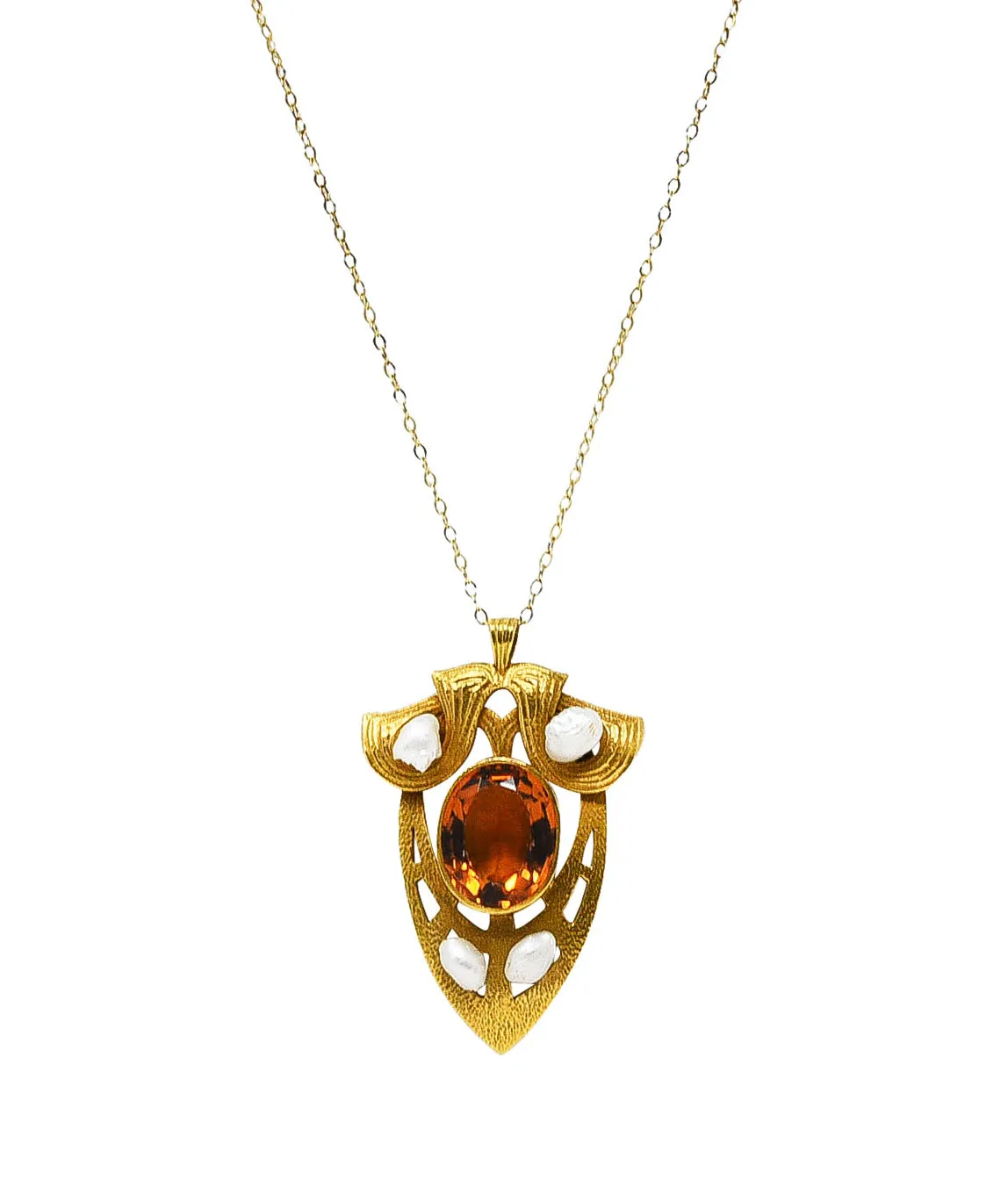 Nabstedt Art Nouveau Citrine Pearl 14 Karat Gold Pendant Necklace