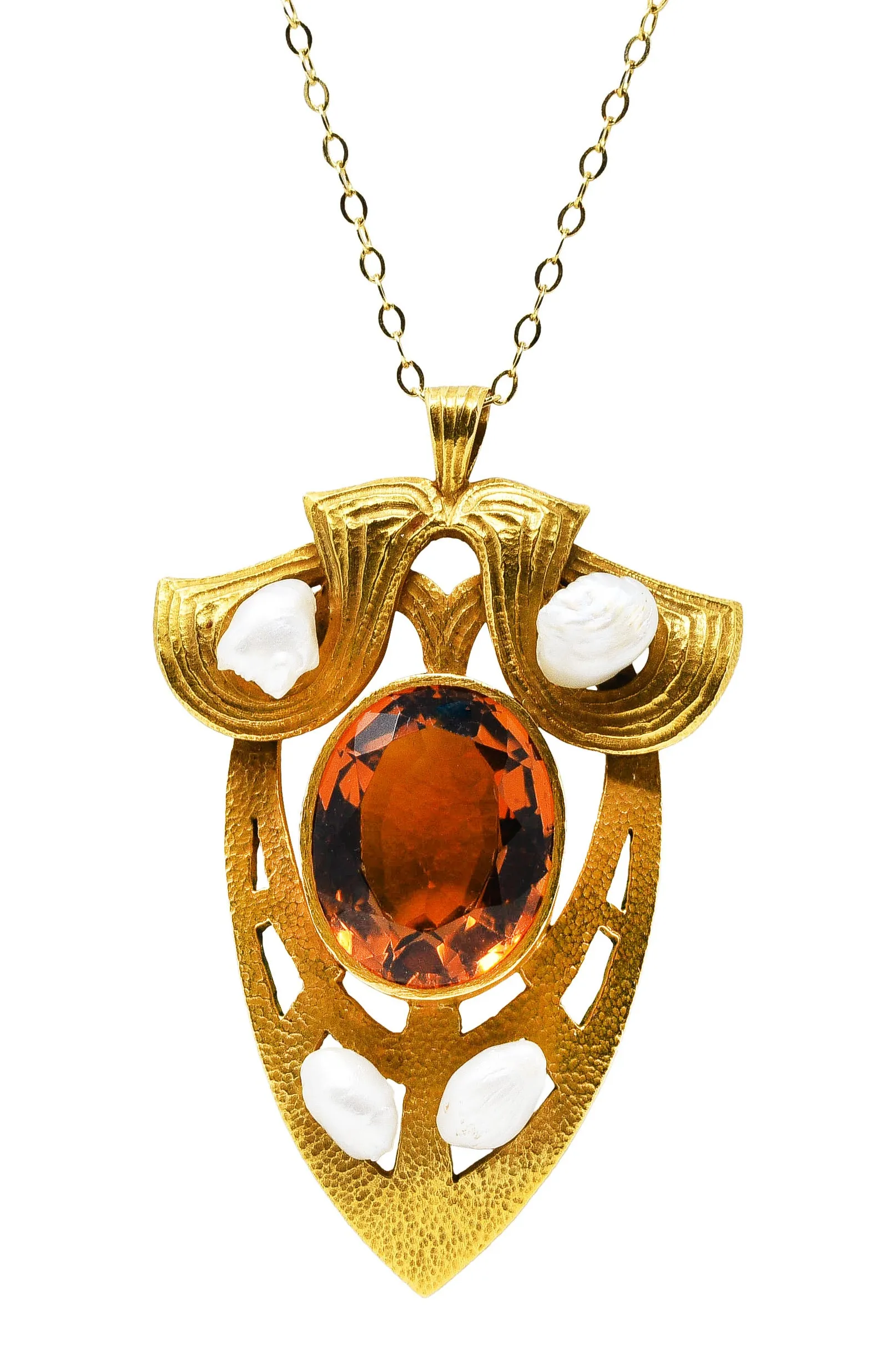 Nabstedt Art Nouveau Citrine Pearl 14 Karat Gold Pendant Necklace