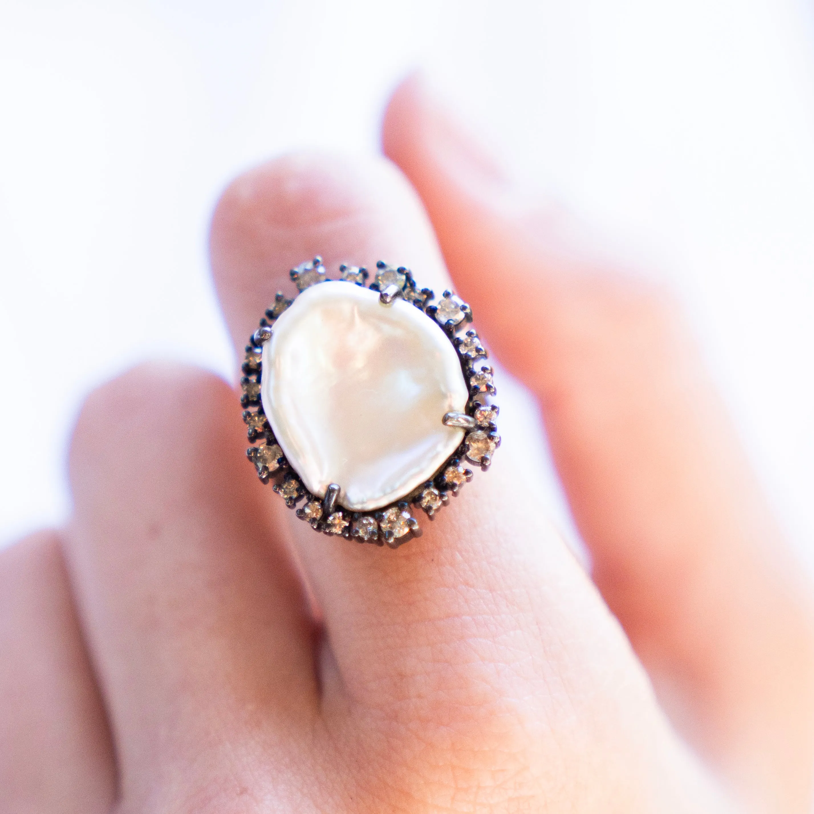Natural Pearl and Champagne Diamond Ring