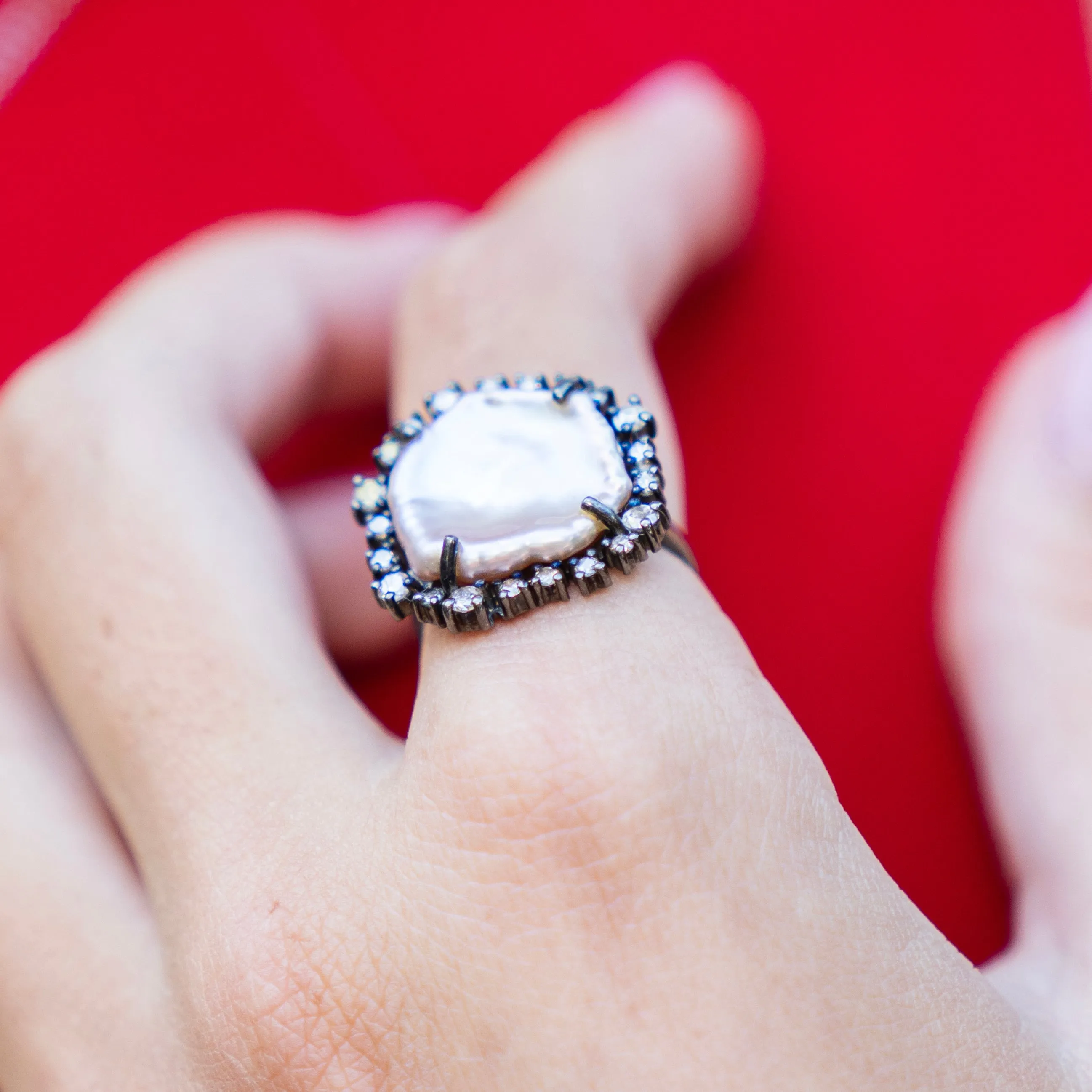 Natural Pearl and Champagne Diamond Ring