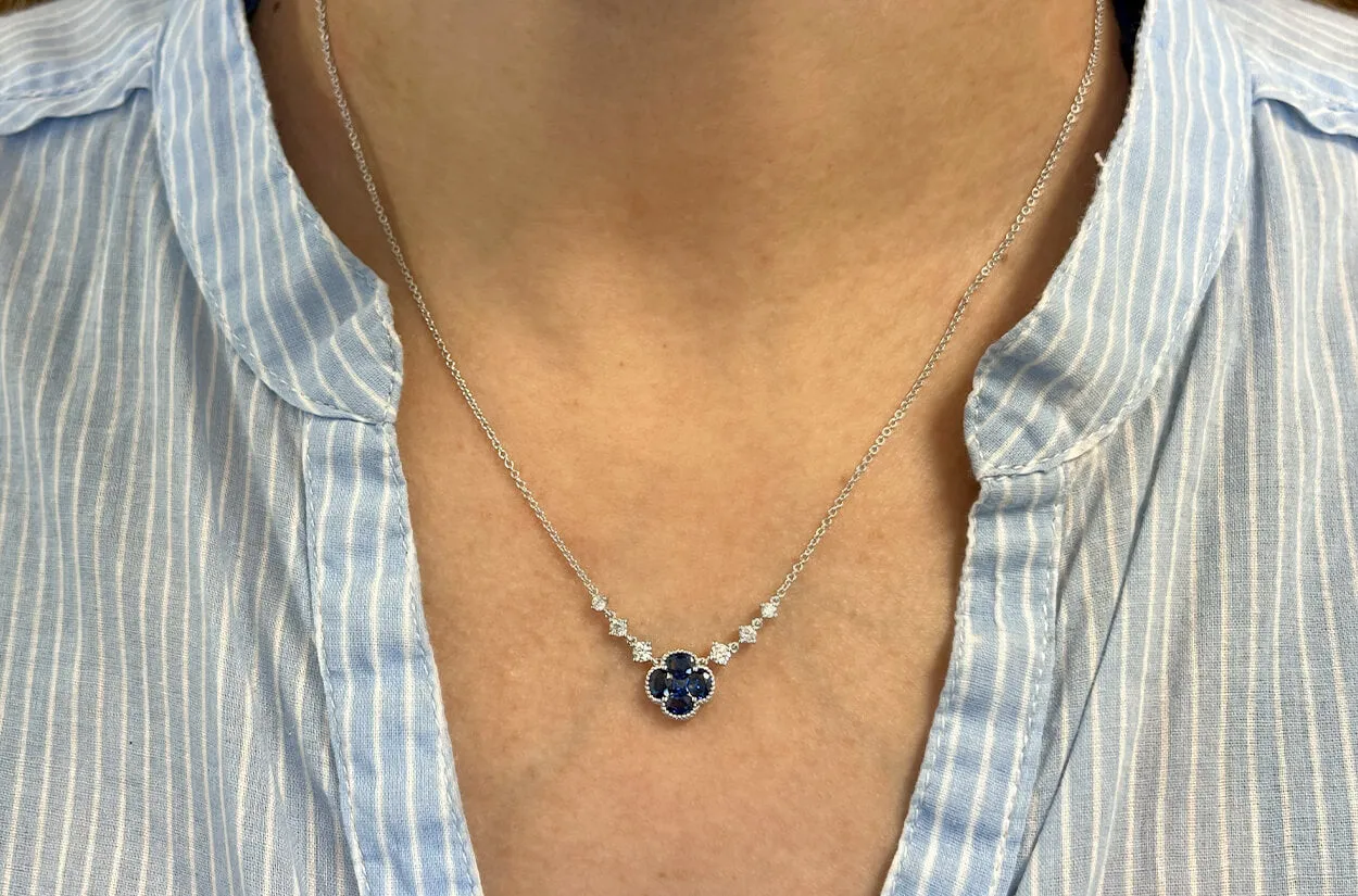 Necklace 18kt Gold Blue Sapphire Clover & Diamonds