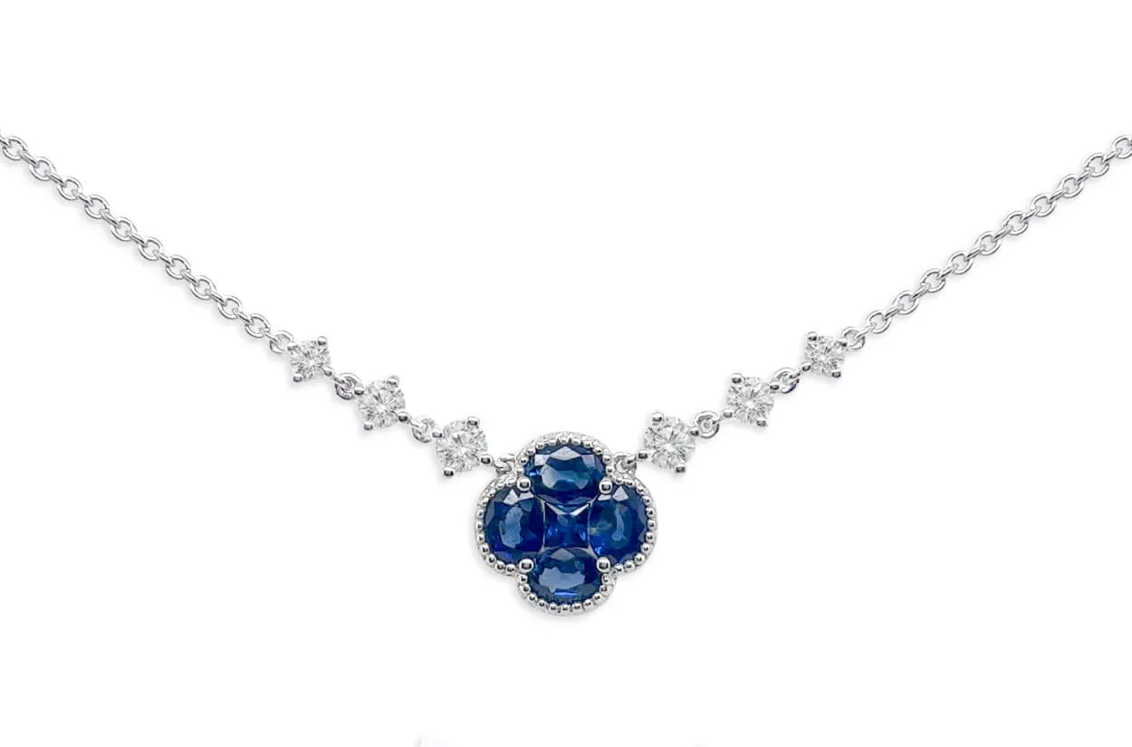 Necklace 18kt Gold Blue Sapphire Clover & Diamonds
