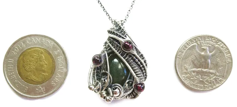 Nephrite Jade & Rhodolite Garnet Pendant, Wire-Wrapped in Sterling Silver
