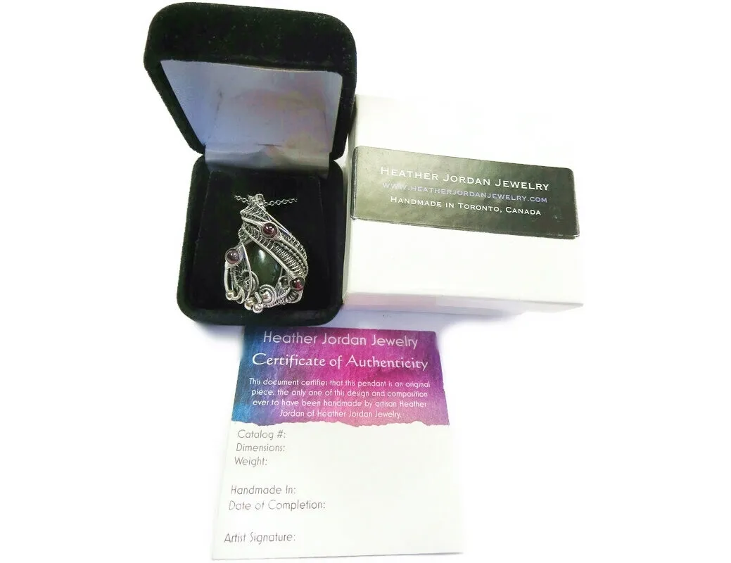 Nephrite Jade & Rhodolite Garnet Pendant, Wire-Wrapped in Sterling Silver