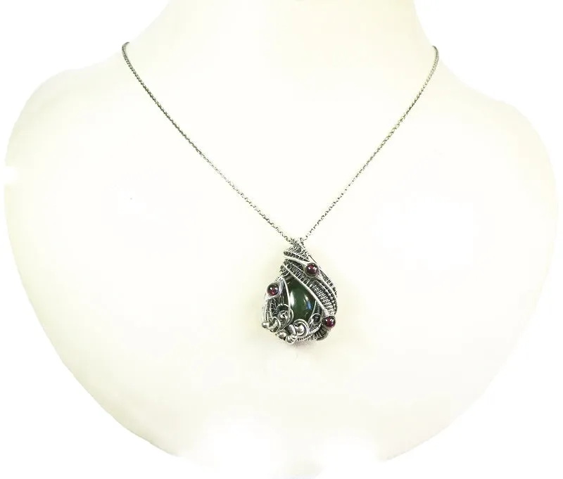 Nephrite Jade & Rhodolite Garnet Pendant, Wire-Wrapped in Sterling Silver