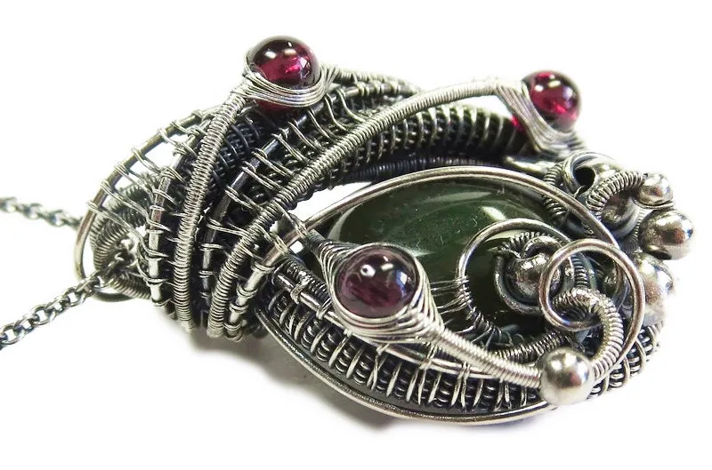 Nephrite Jade & Rhodolite Garnet Pendant, Wire-Wrapped in Sterling Silver